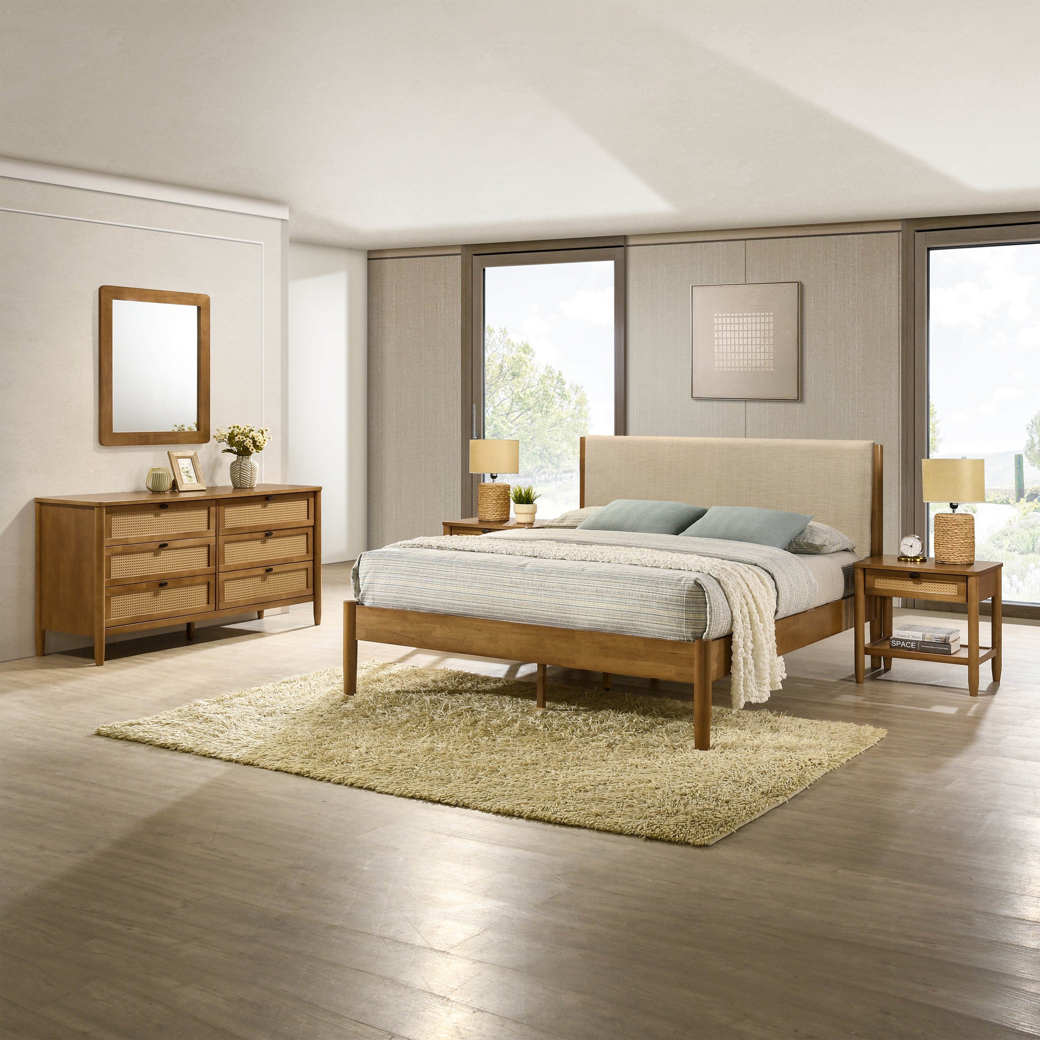 Roundhill Furniture Vichy Rattan Bedroom Set - Queen Size Light Walnut Finish Wicker Bed Frame & Nightstands - Perfect for Coastal, Boho & Farmhouse Style Bedrooms