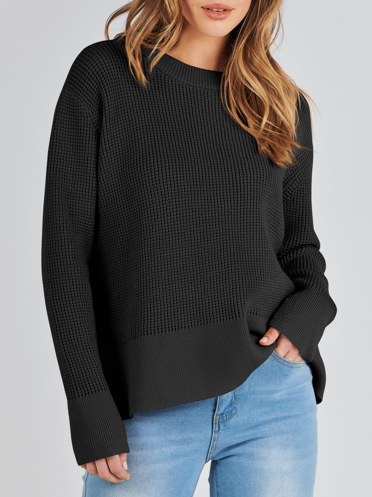ANRABESS Women's Long Sleeve Waffle Knit Pullover Sweater with Side Zipper & Thumbholes | Casual Crewneck Top for Fall 2024 | Perfect for Autumn Layering, Coffee Dates & Weekend Outings