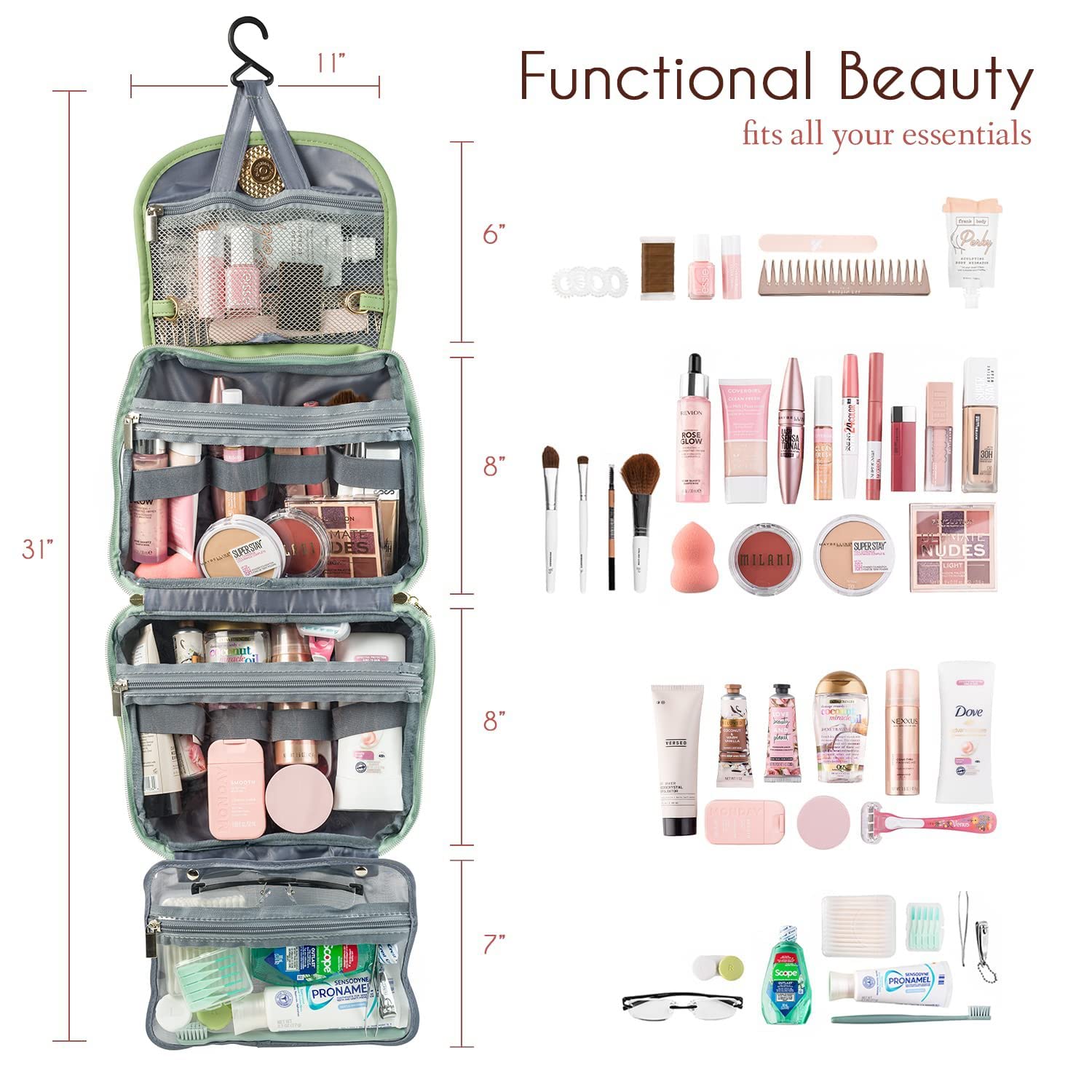 **Large Travel Toiletry Bag for Women & Men - Portable Hanging Cosmetic Organizer with Multiple Pockets, Waterproof Makeup Bag for Vacation, Business Trips & Gym (Green)**    *Perfect for Air Travel, Camping, Weekend Getaways & Daily Use*
