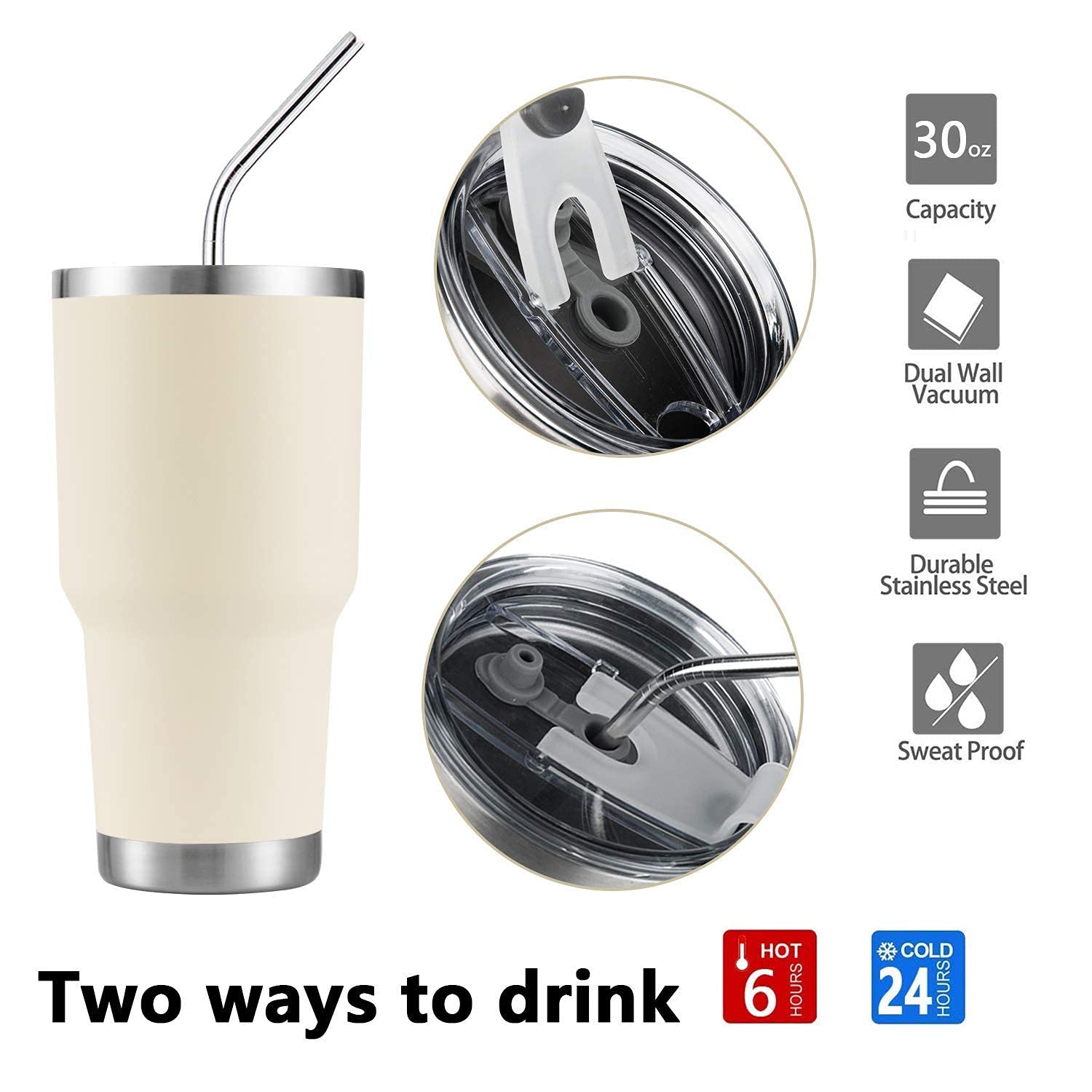 30oz Insulated Stainless Steel Tumbler with Straw Lid & Cleaning Brush - Yellow & Cream Double Wall Vacuum Cup for Hot & Cold Drinks - Perfect for Office, Gym, Travel and Outdoor Activities