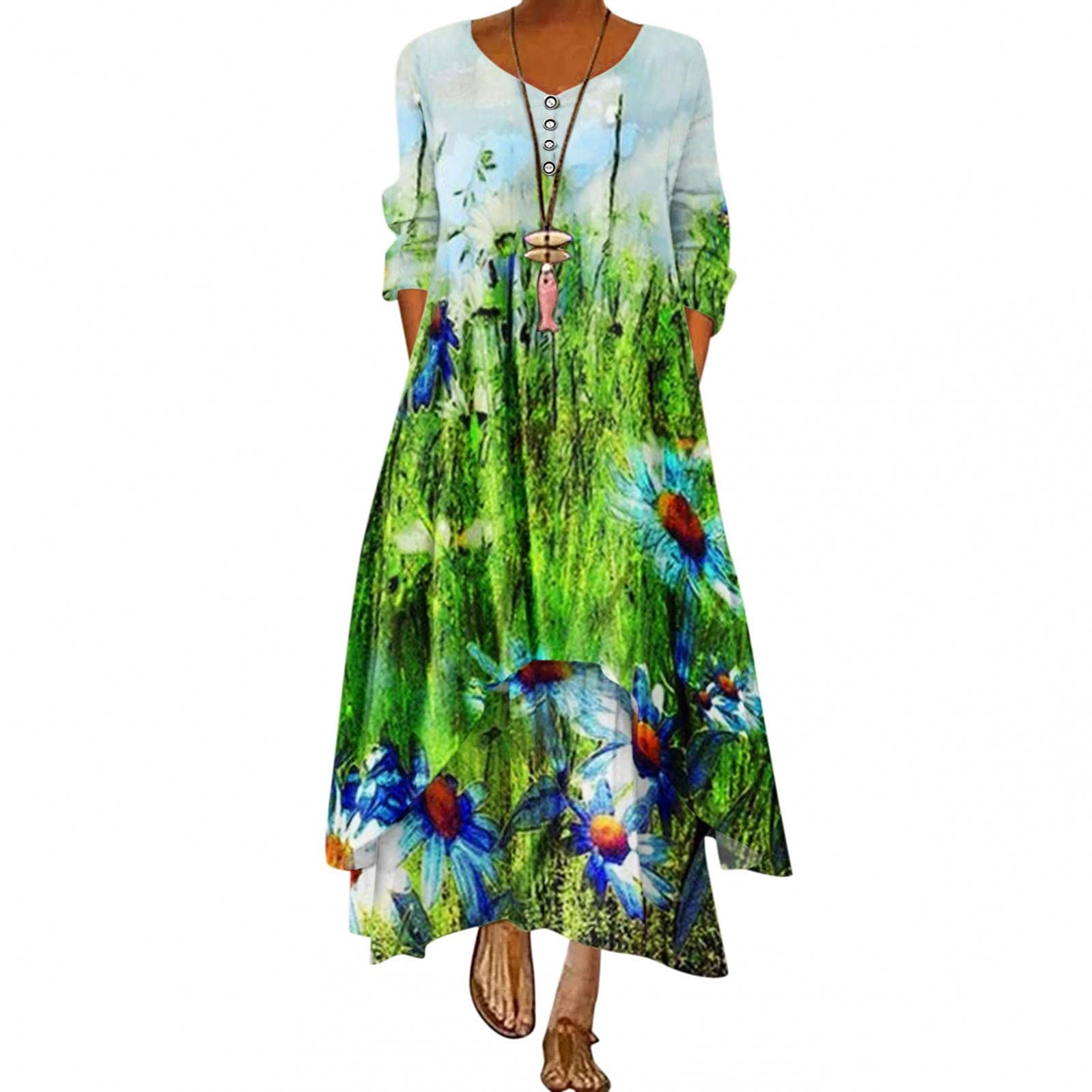 Plus Size Floral Maxi Dress for Women - Loose Bohemian Summer Beach Caftan with Pockets | Perfect for Vacations, Pool Parties & Casual Outings