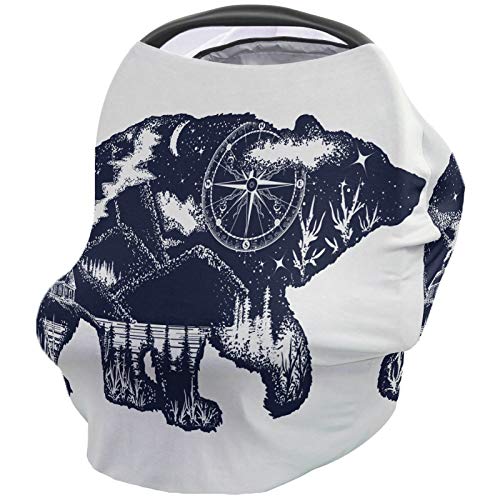 **Multi-Purpose Nursing Cover & Baby Car Seat Canopy - Bear Double Exposure Tattoo Design with Mountains & Compass | Perfect for Breastfeeding, Stroller, and Baby Shower Gifts | Great for Outdoor Adventures & Travel**