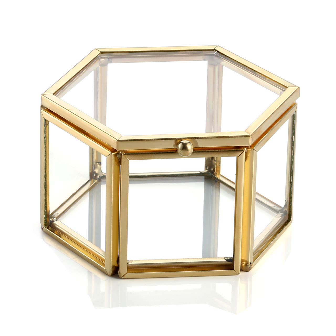 Jovivi Gold Copper Faceted Hexagonal Glass Lid Terrarium Box - Jewelry Display Organizer for Bracelets & Rings - Decorative Home Desk Decor for Living Room, Bedroom, and Office