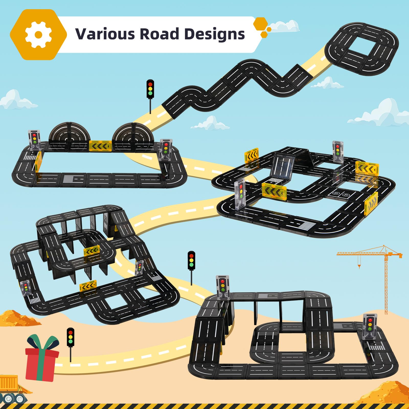 Magnetic Tiles Road Expansion Pack - 100+ Piece Magnetic Building Blocks Construction Set for Kids Ages 3+ | STEM Learning Toys for Boys & Girls | Montessori Educational Toys for Toddlers | Perfect for Classroom, Playroom & Birthday Gifts
