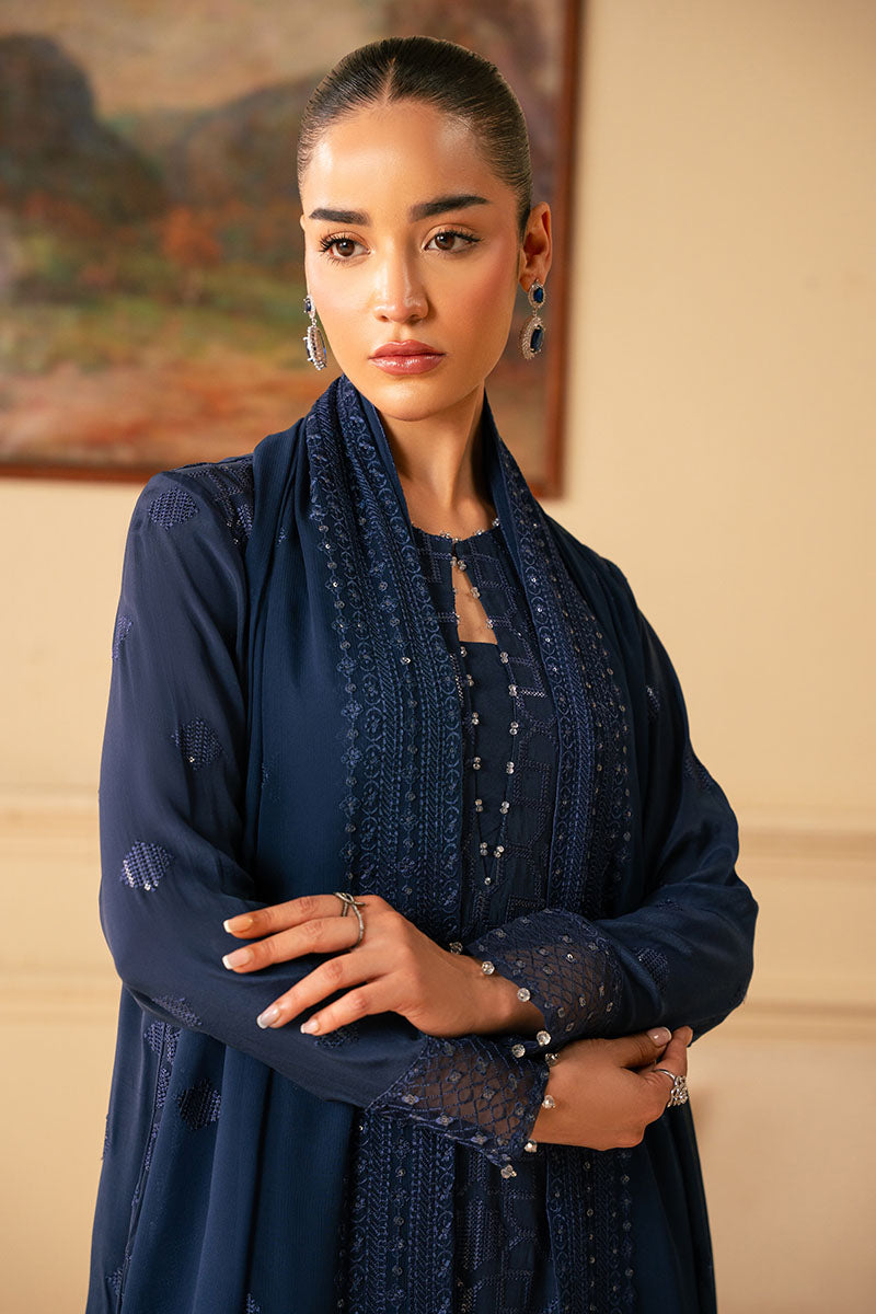 Indigo Blue 4-Piece Embroidered Chiffon Suit Set for Women | Elegant Party & Wedding Outfit | Perfect for Special Occasions & Festive Events