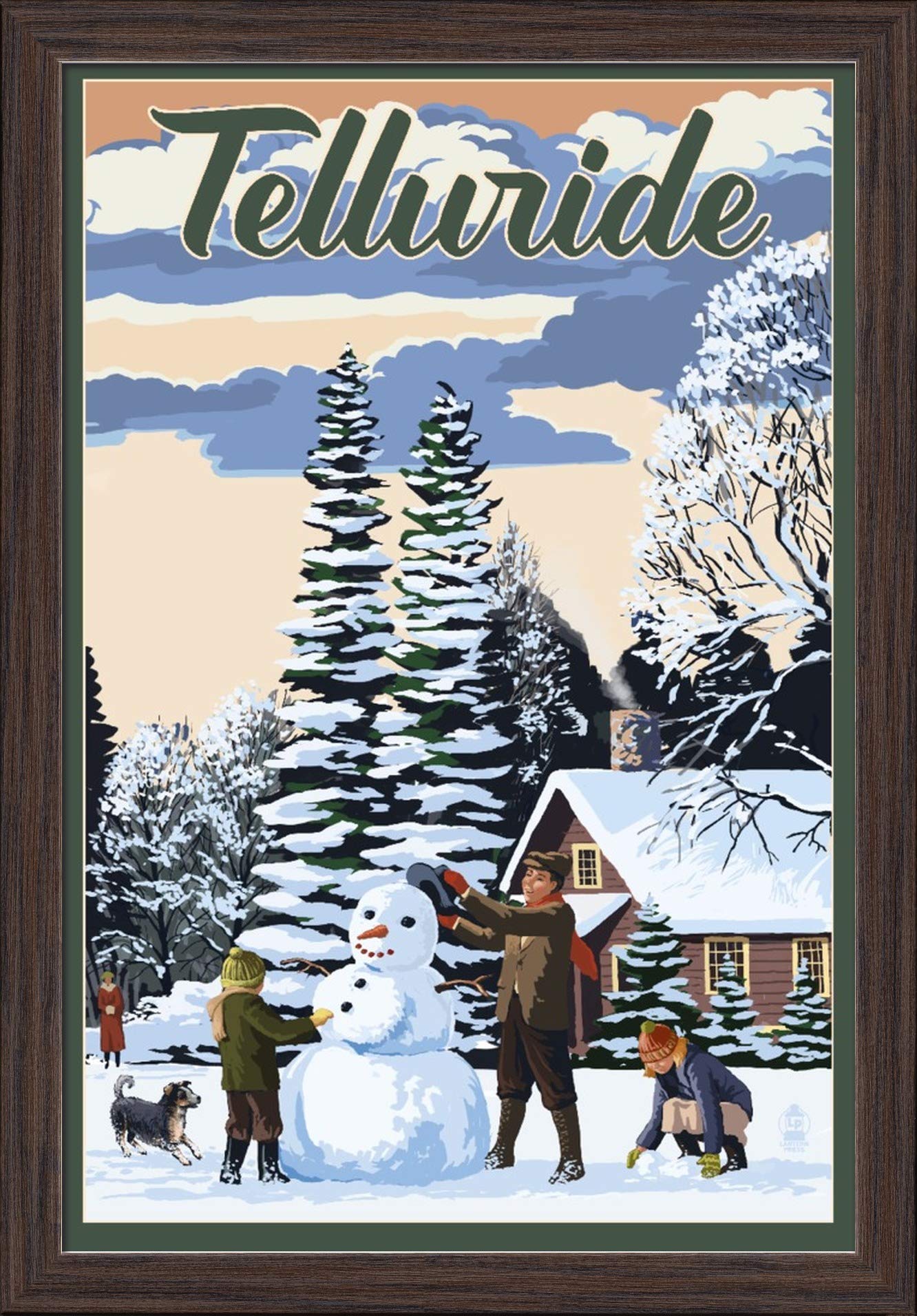 Telluride Colorado Snowman Scene - 16x24 Giclee Fine Art Print with Recycled Wood Frame in Espresso Brown - Perfect for Winter Home Decor & Holiday Gift