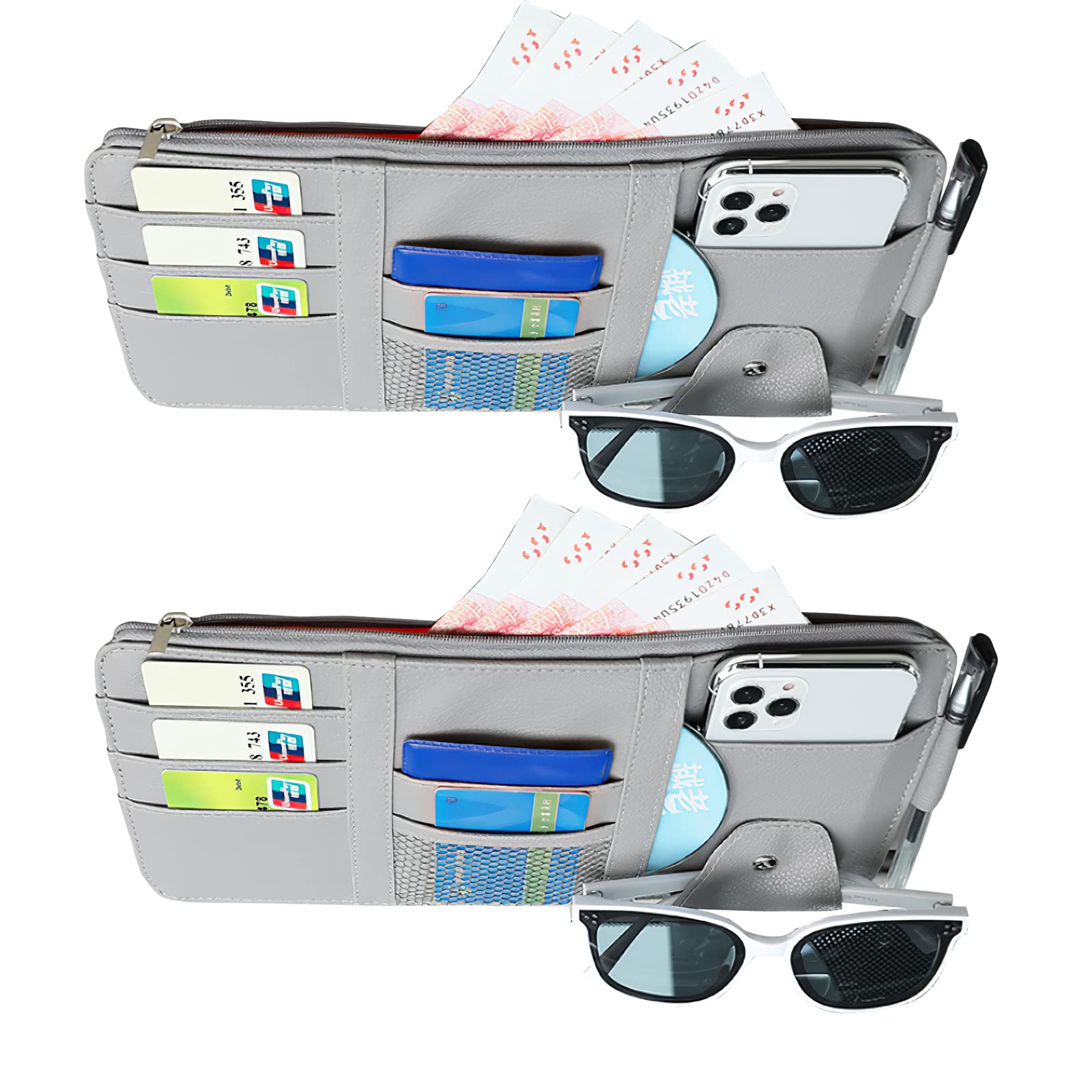 2 Pack PU Car Visor Organizer with Multi-Pocket Sunglasses Holder - Universal Sun Visor Storage Pouch for Car, Truck & SUV - Auto Interior Accessories (Grey) - Perfect for Road Trips, Commuting & Daily Organization