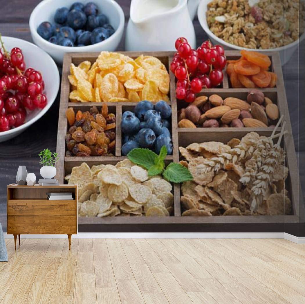 Healthy Breakfast Cereal Wooden Box Canvas Print Wallpaper - Peel & Stick Self-Adhesive Wall Mural for Living Room Decor, Home Craft Wall Decal & Poster Sticker | Perfect for Kitchen, Dining Room & Bedroom Wall Art