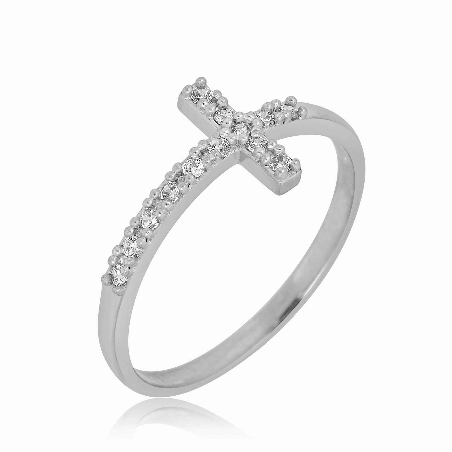 AVORA 10K Yellow Gold Simulated Diamond CZ Sideways Cross Ring for Women - Elegant Religious Jewelry Gift for Christmas, Baptism & Special Occasions