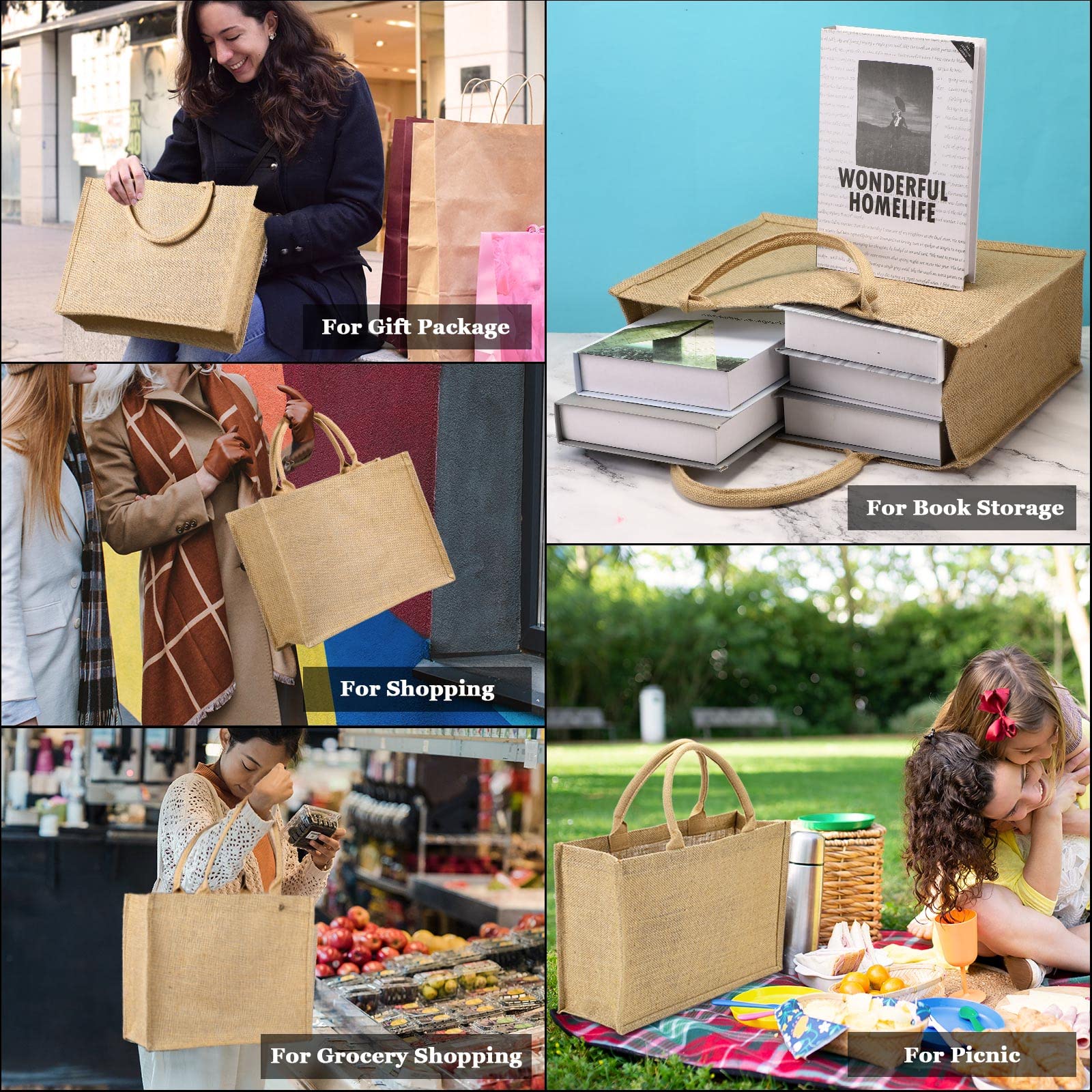 Shappy Eco-Friendly Burlap Tote Bags with Sturdy Handles - Jute Grocery Shopping Bags with Waterproof Laminated Interior - 15.8 x 11.8 x 5.9 Inches - Perfect for Weddings, Farmers Markets & Beach Outings