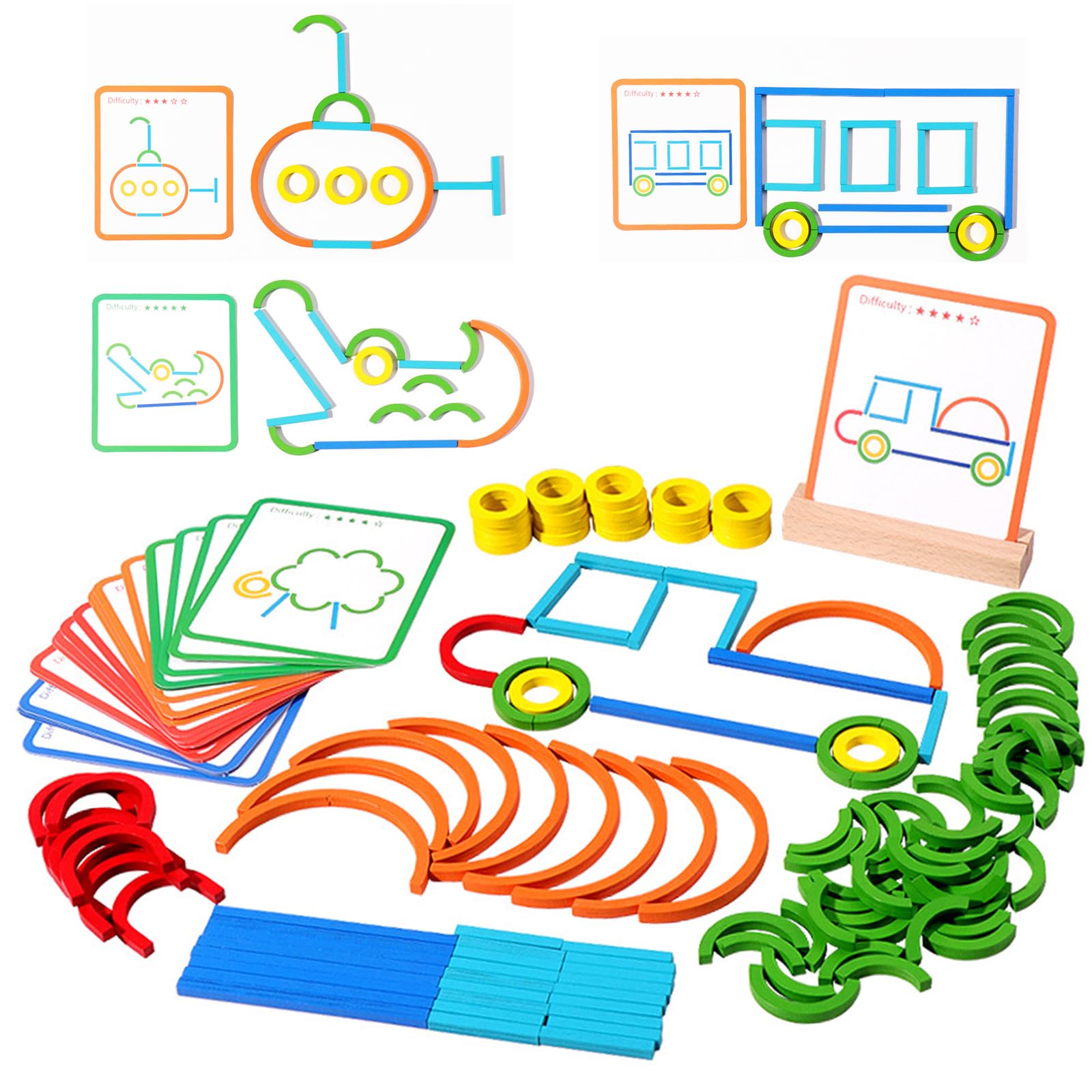 120pcs Wooden Pattern Blocks, Sticks & Rings - Montessori Educational STEM Toys for Kids Ages 3-5 | Brain Teaser Puzzle, Tangram Learning Game for Toddlers Boys & Girls | Perfect for Preschool Classroom, Homeschooling & Birthday Gifts