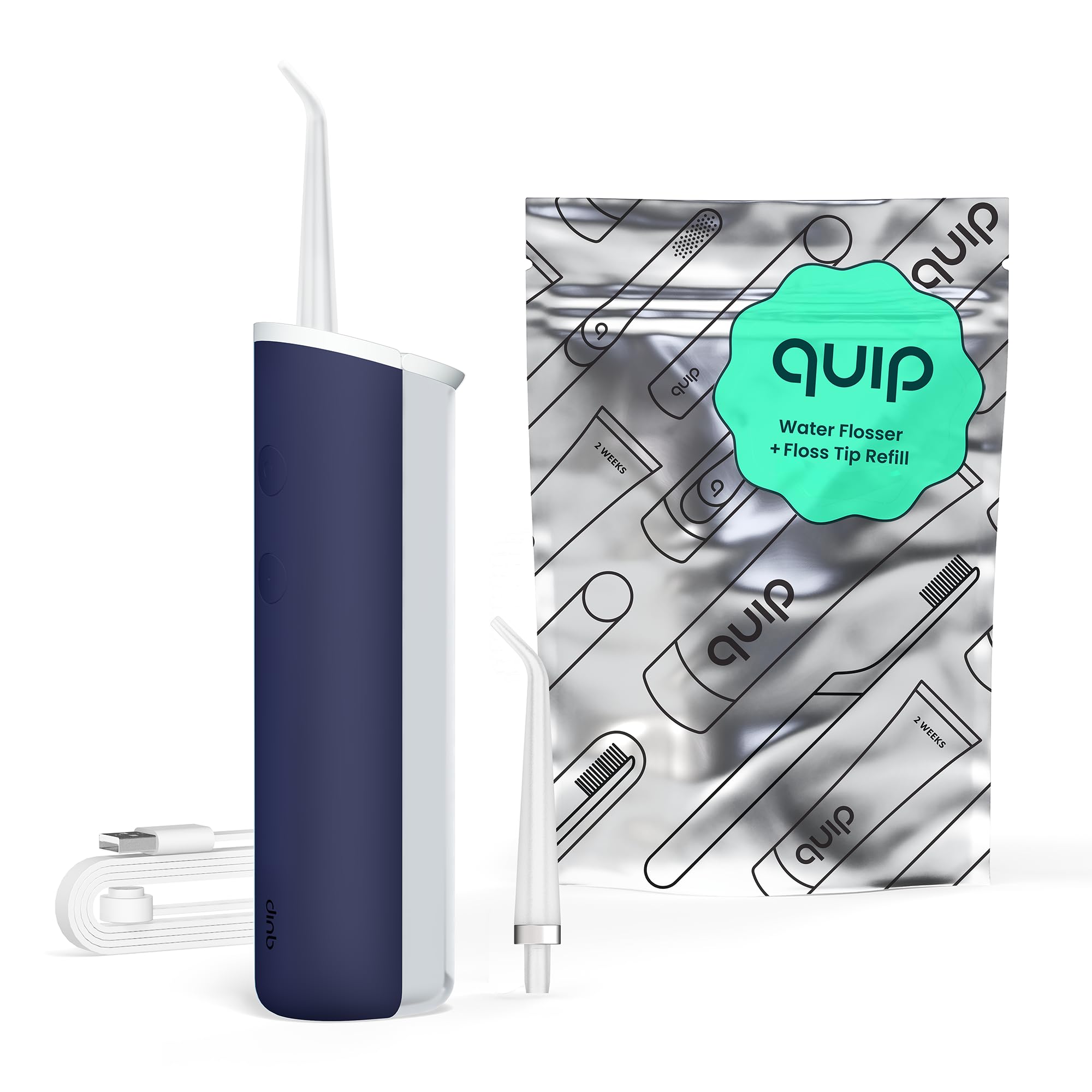 Quip Cordless Water Flosser with Replacement Tips - Adjustable Pressure Teeth Cleaner, 360° Rotating Nozzle - Rechargeable Dental Water Flosser in Midnight Blue for Home & Travel Oral Care