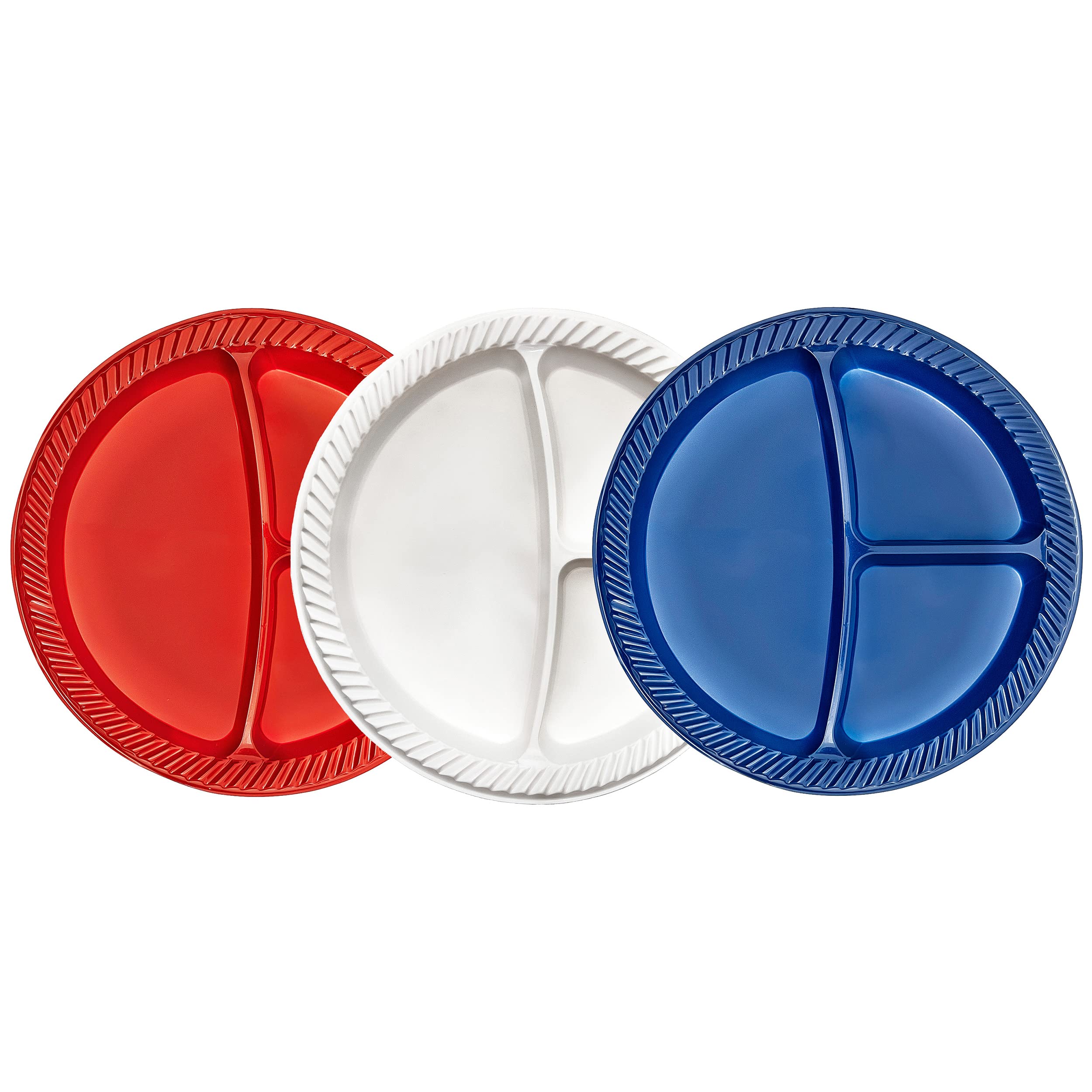 Tiger Chef 96-Pack 10 Inch Plastic Divided Plates - Red, Blue & White 3-Compartment Disposable Dinner Plates for Parties, Picnics & Events - Heavyweight Durable Party Supplies (32 Red, 32 Blue, 32 White) - Perfect for BBQs, Birthday Parties & Catering Services