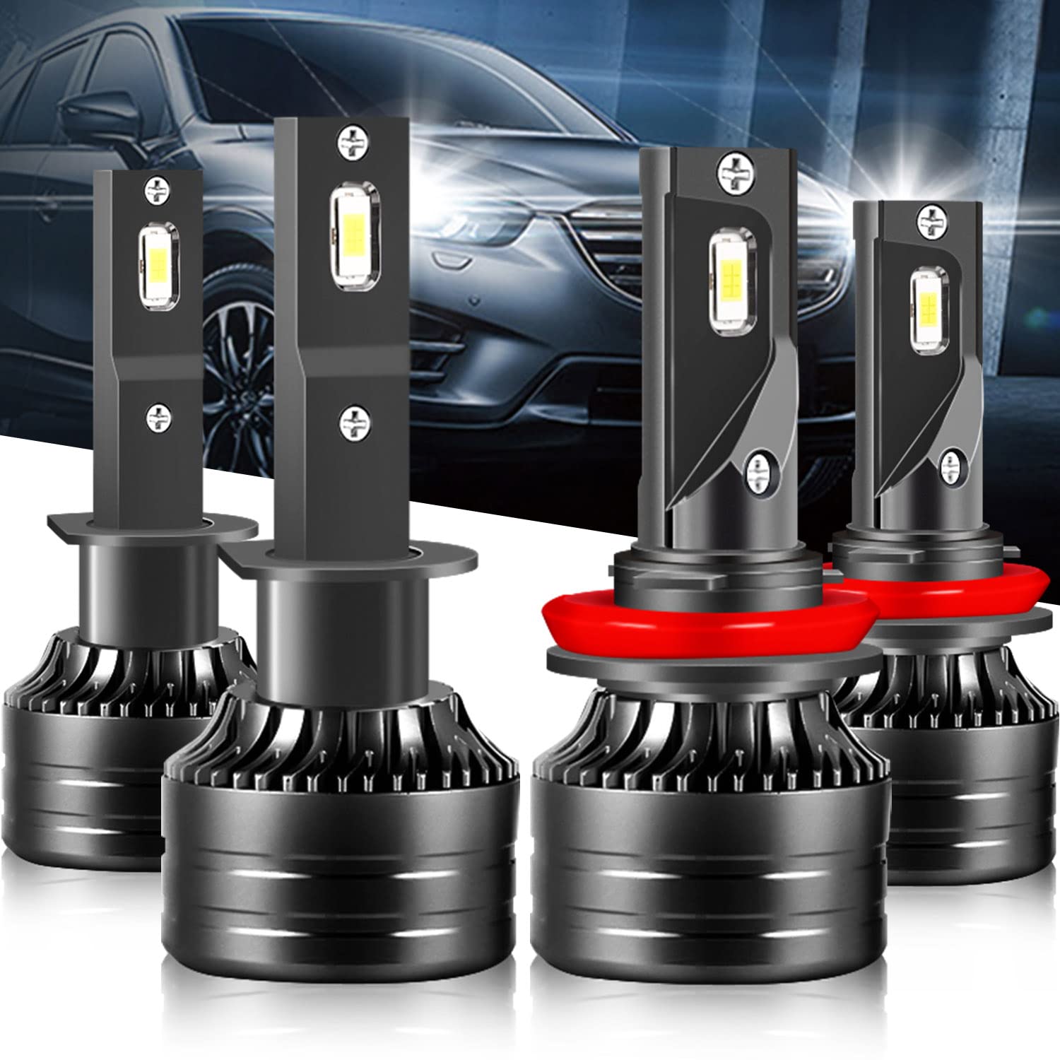 **KIA Optima 2008-2013 LED Headlight Bulbs - 40000LM Super Bright H1 High Beam & H11 Low Beam - Plug & Play Halogen Replacement Kit - 6000K Cool White (4-Pack) - Perfect for Night Driving & Foggy Conditions**