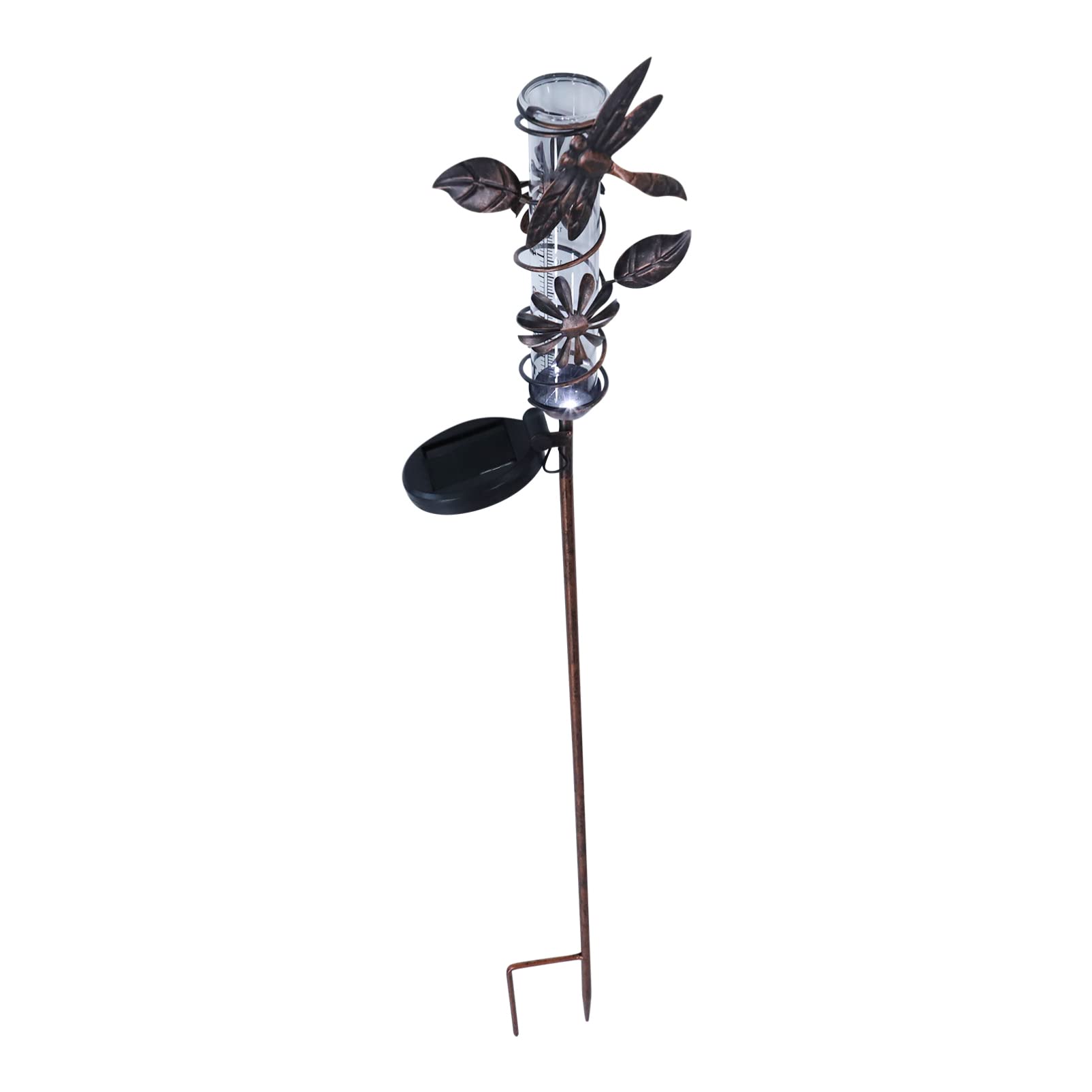Solar Powered Dragonfly Rain Gauge - Outdoor Iron Art Rain Measurement with Tubes for Garden, Yard, Deck & Fence Decoration | Weather Monitoring & Landscape Accent for Patio, Backyard & Outdoor Spaces