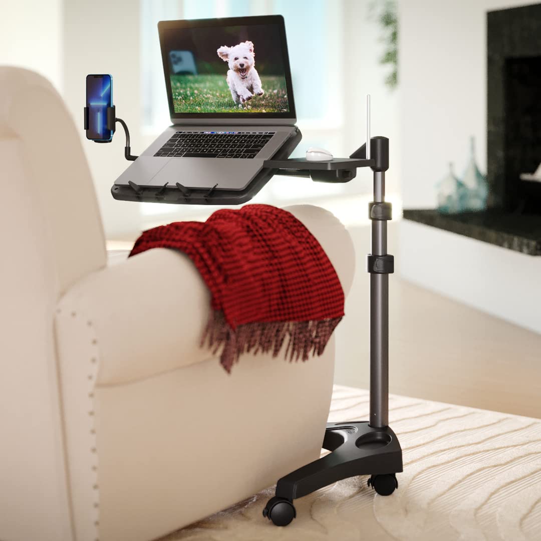 LEVO G2 V16 Adjustable Mobile Laptop Stand with Phone Holder & Mouse Tray - Rolling Computer Cart for Home Office, Gaming & Workspace Organization