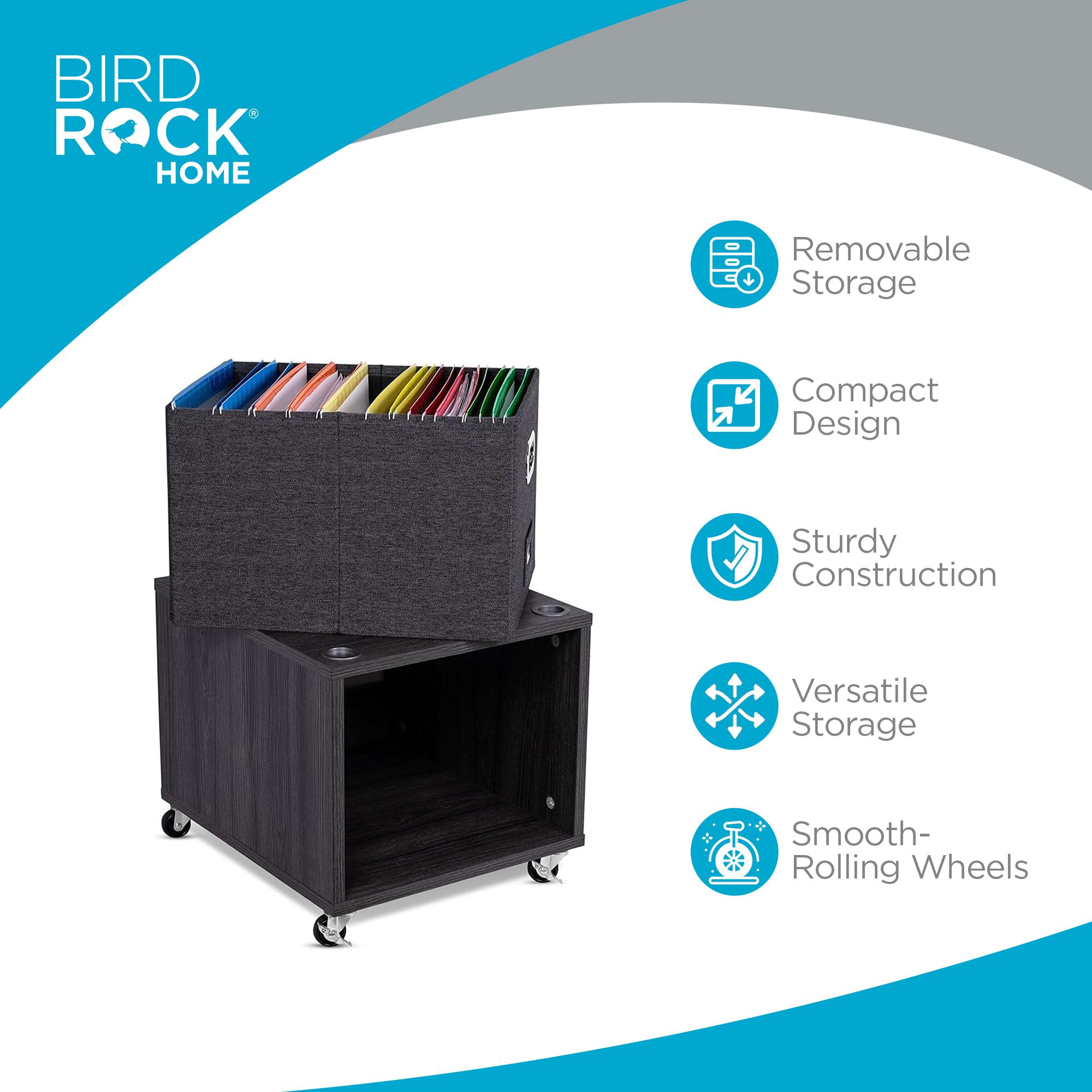 BIRDROCK HOME Rolling File Cabinet with Removable Bins - Modern Gray Storage Shelf with 2 Lateral Drawers, Wheels & Handles - Perfect for Organizing Office Files, Books, Toys | Under Desk Storage Solution for Home & Office Workspace