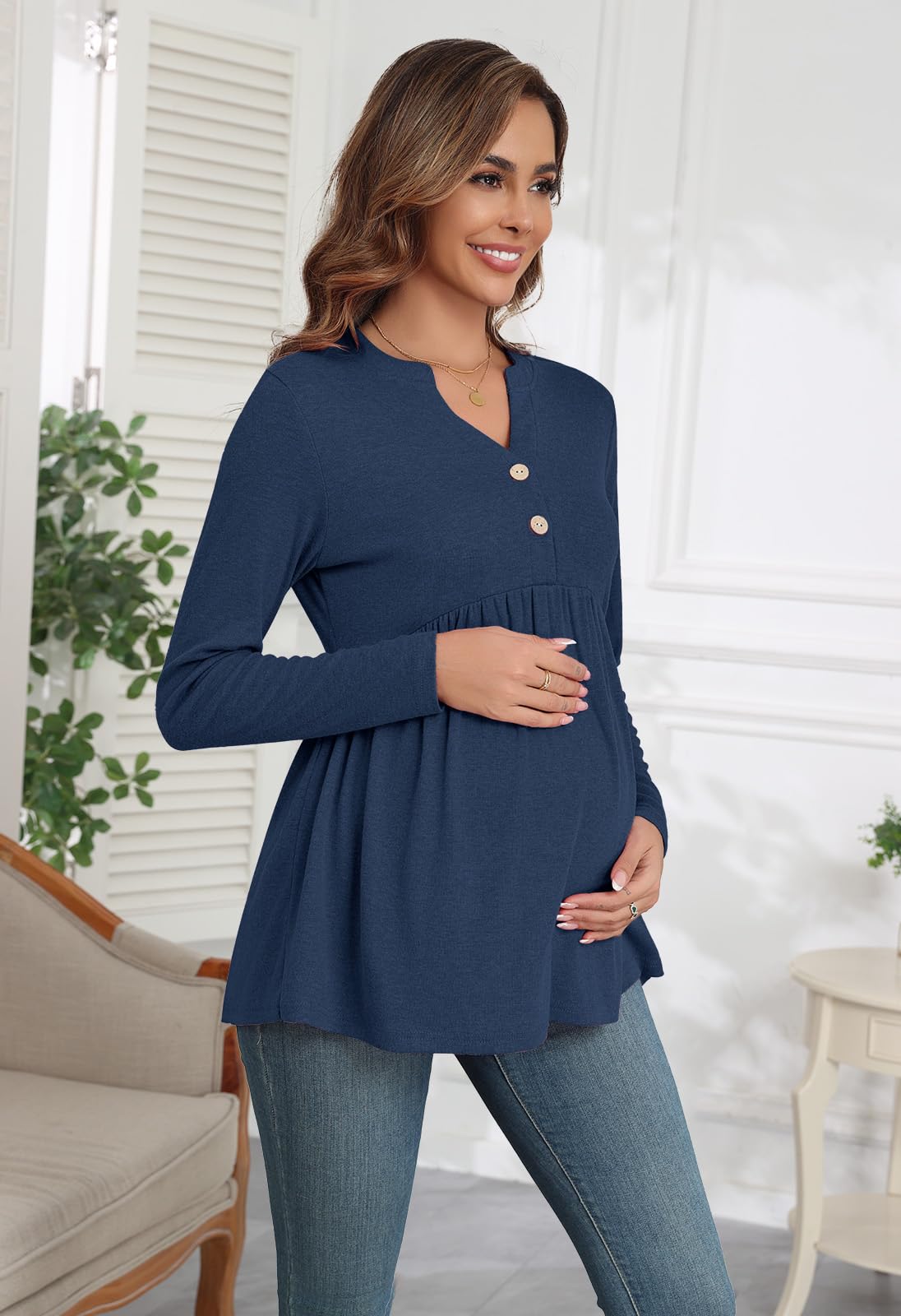 Xpenyo Women's Maternity Tops - Long Sleeve V-Neck Pregnancy Blouses & Tunics for Fall 2024 - Comfortable Button-Up Dressy Shirts for Work, Casual Wear & Baby Showers