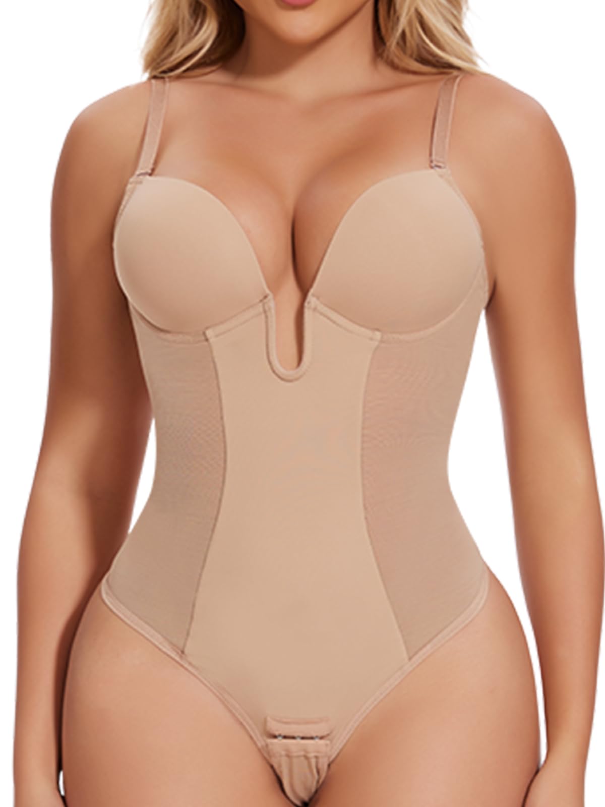 JOYSHAPER Women's Shapewear Bodysuit - Built-in Bra Tummy Control Seamless Body Shaper with U Plunge Backless Design & Thong | Slimming Undergarment for Wedding, Evening Dress & Everyday Wear