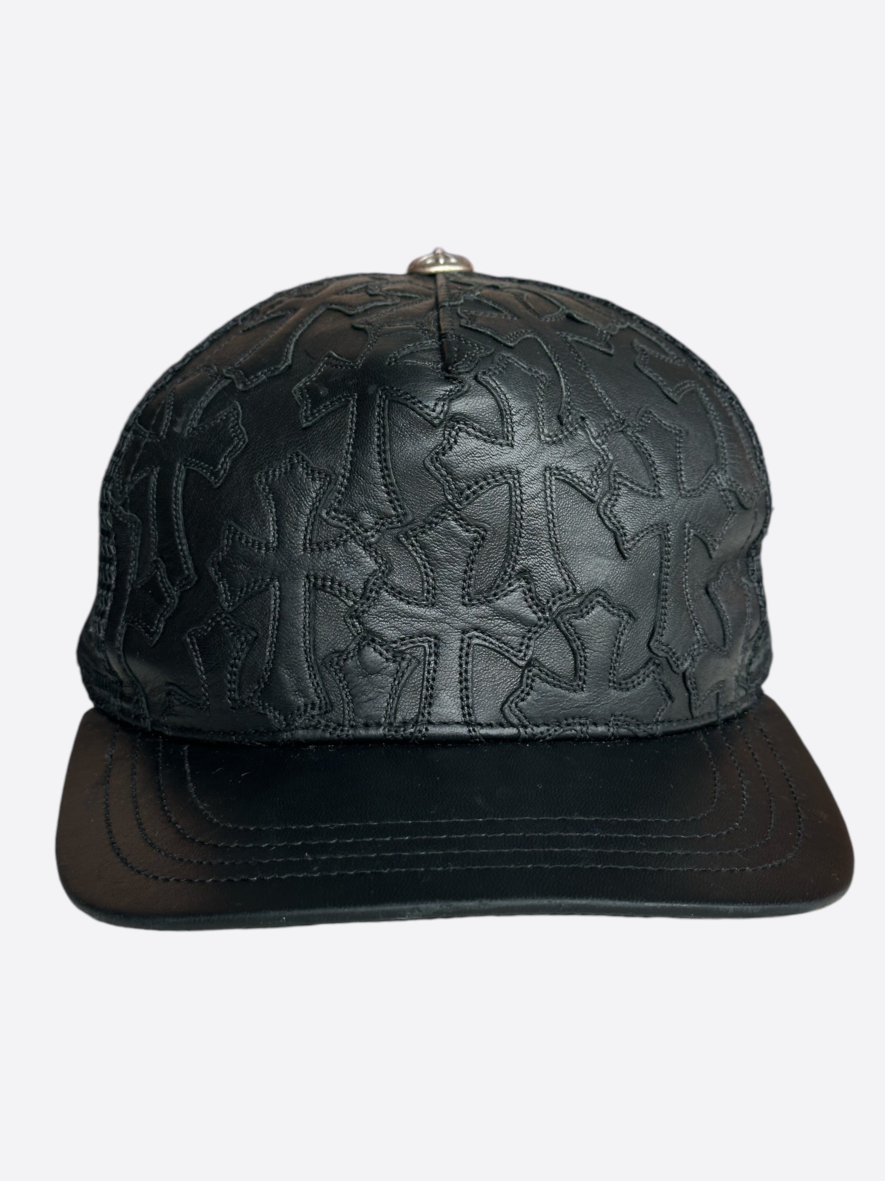 Chrome Hearts Black Leather Cemetery Cross Patch Trucker Hat - Stylish Gothic Fashion Accessory for Men & Women - Perfect for Concerts, Festivals, and Streetwear Outfits