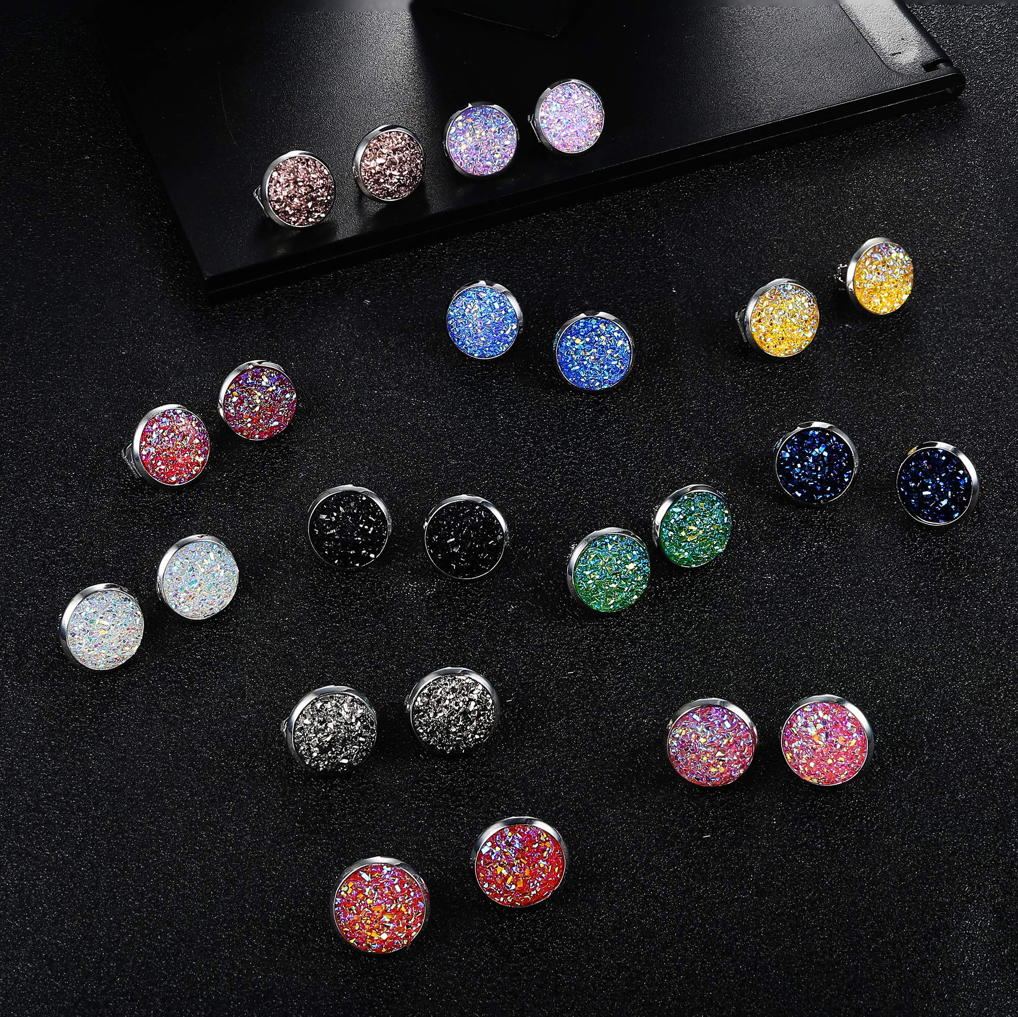12 Pairs Faux Druzy Clip On Earrings for Women & Men - Colorful Non-Pierced Round Stud Earrings for Sensitive Ears - Hypoallergenic Fashion Jewelry Set for Party, Wedding & Everyday Wear