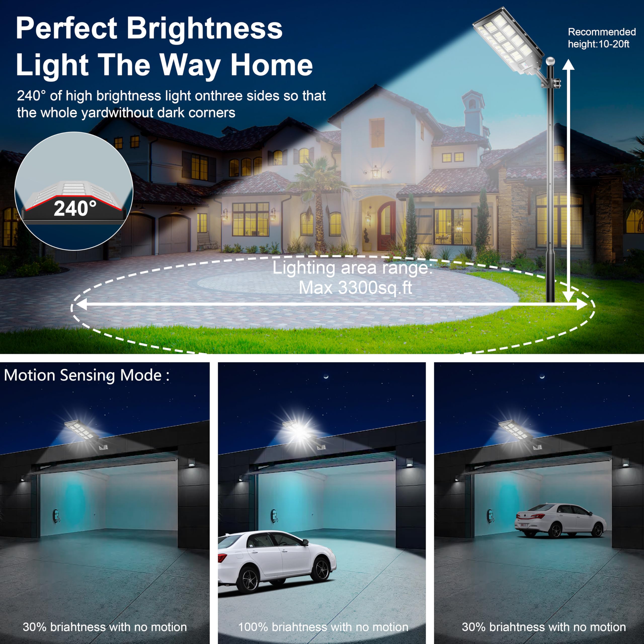 3-Pack 8000W Solar Street Lights - 360,000LM Dusk to Dawn Outdoor Lighting, IP67 Waterproof Solar Parking Lot Lights with Motion Sensor & Wide Angle - Perfect for Yards, Roads, Driveways, and Pathways