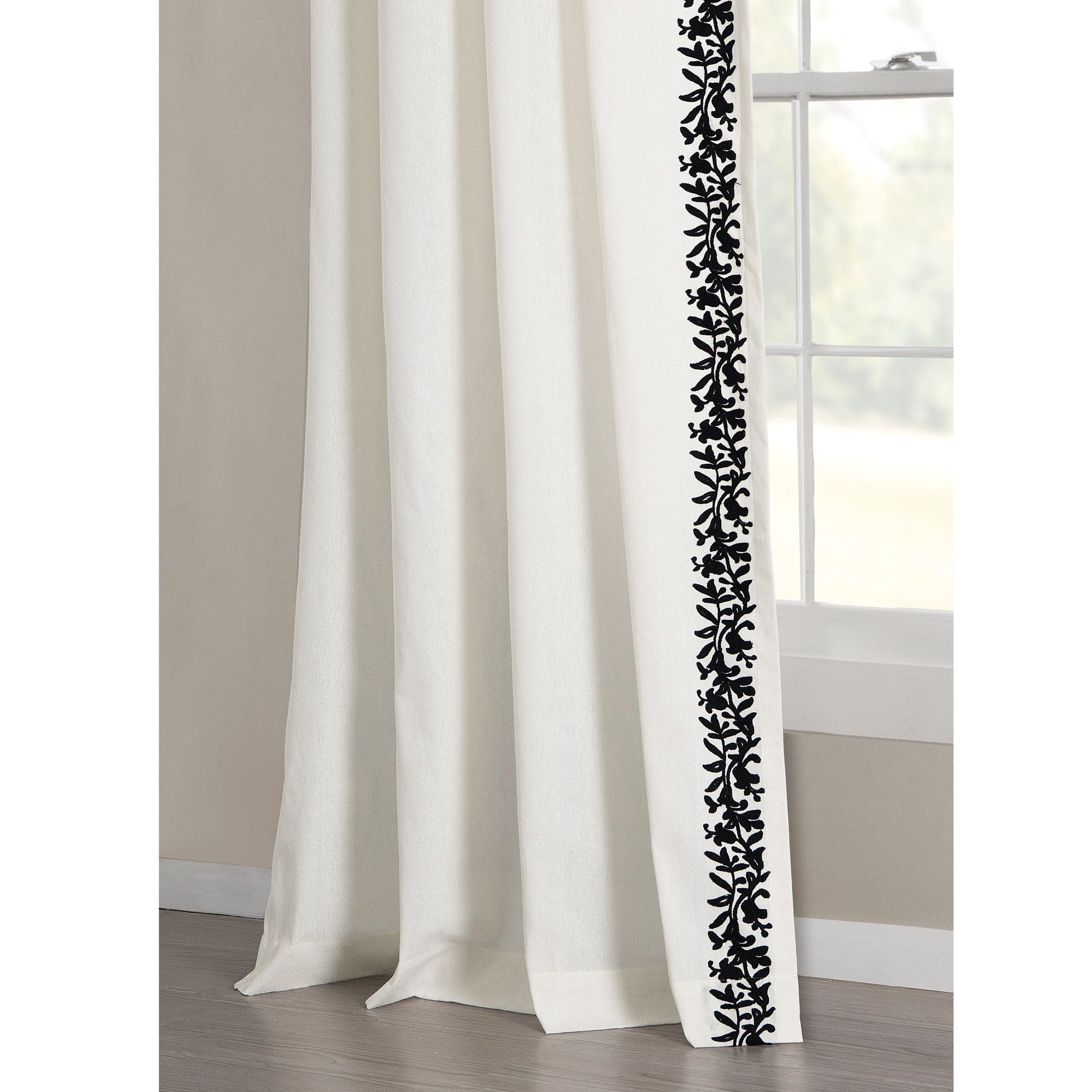 Luxury Modern Floral Linen-Like Embroidered Border Window Curtain Panel - Elegant Home Decor for Living Room & Bedroom