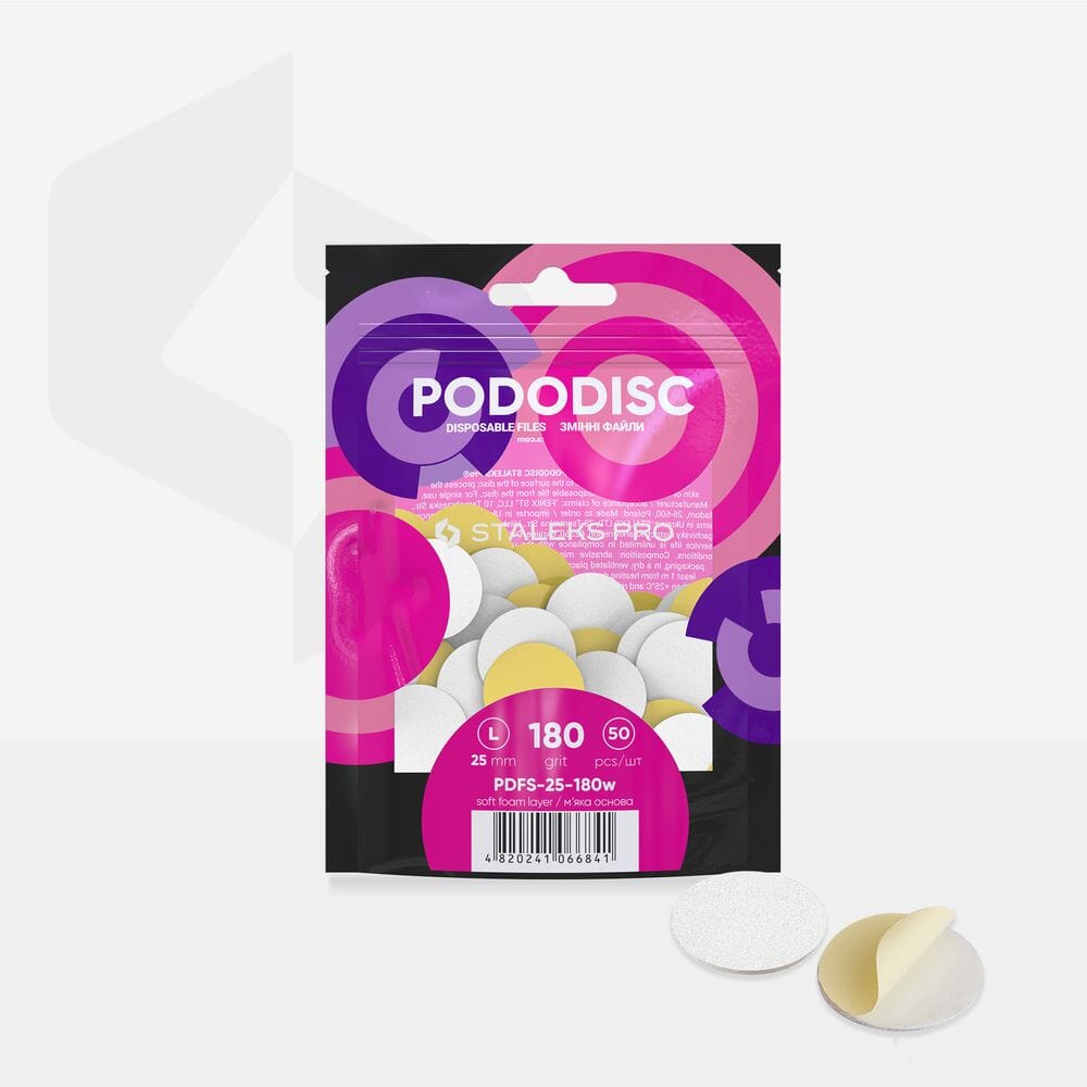 Staleks Disposable White Pedicure Files with Soft Foam Layer - PODODISC L EXPERT 180 Grit (50 Pack) for Professional Nail Care & Salon Use