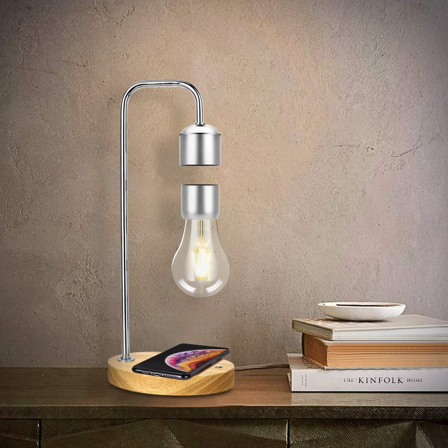 Ozarke Magnetic Levitating Light Bulb - Floating LED Night Light with Oak Wood Base, Silver Levitation Lamp for Home & Office Decor - Perfect for Bedroom, Desk, Gift Ideas (Father & Child Gift) - Creates Soothing Ambiance for Relaxation & Sleep