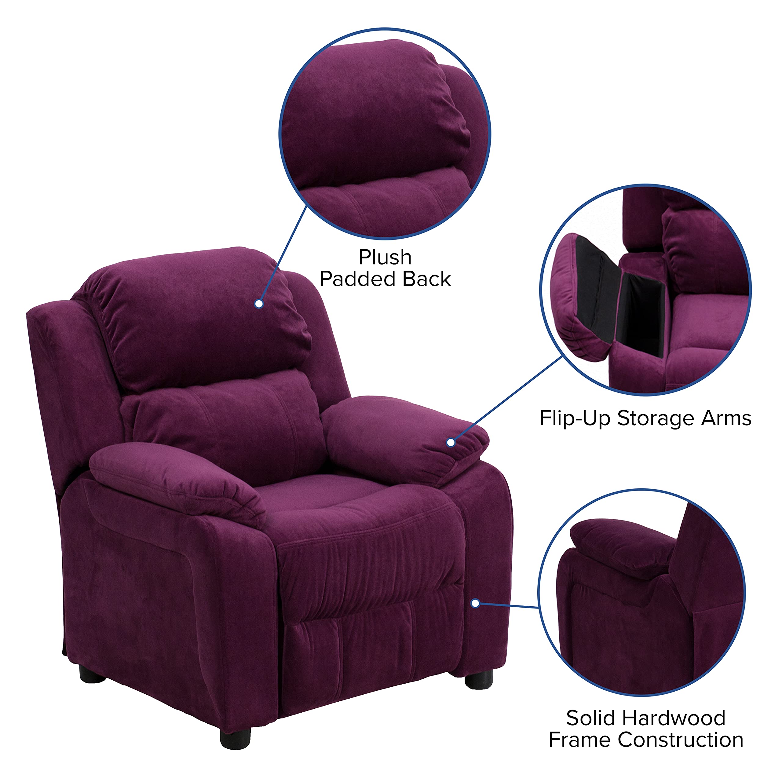 Emma & Oliver Deluxe Purple Microfiber Kids Recliner Chair with Storage Pockets - Soft Padded Armrests for Children's Room, Playroom or Bedroom - Perfect for Reading, Watching TV and Relaxing