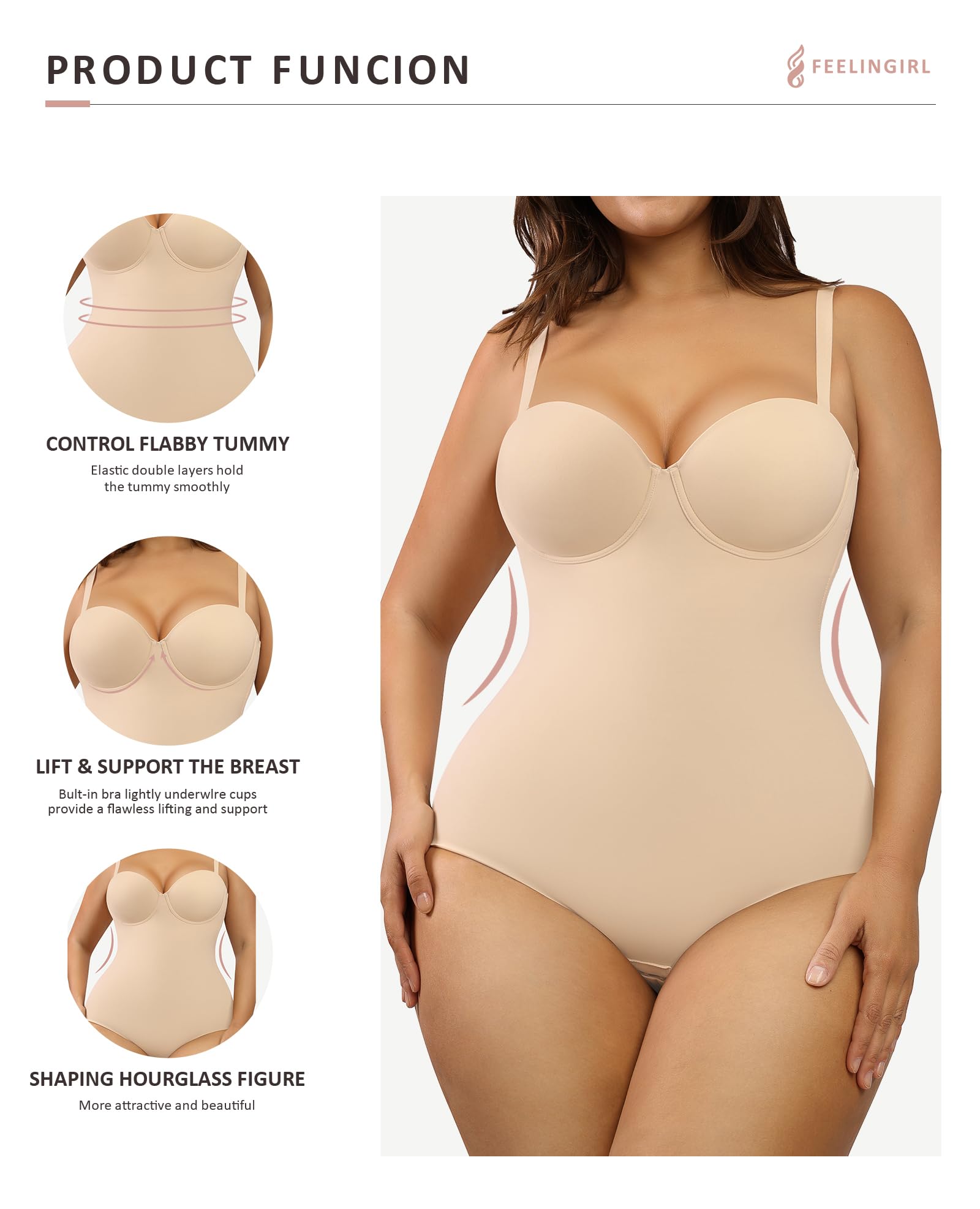 FeelinGirl Women's Tummy Control Shapewear Bodysuit - Seamless Slimming Body Shaper with Removable Straps & Built-in Cups | Perfect for Everyday Wear, Special Occasions & Postpartum Recovery
