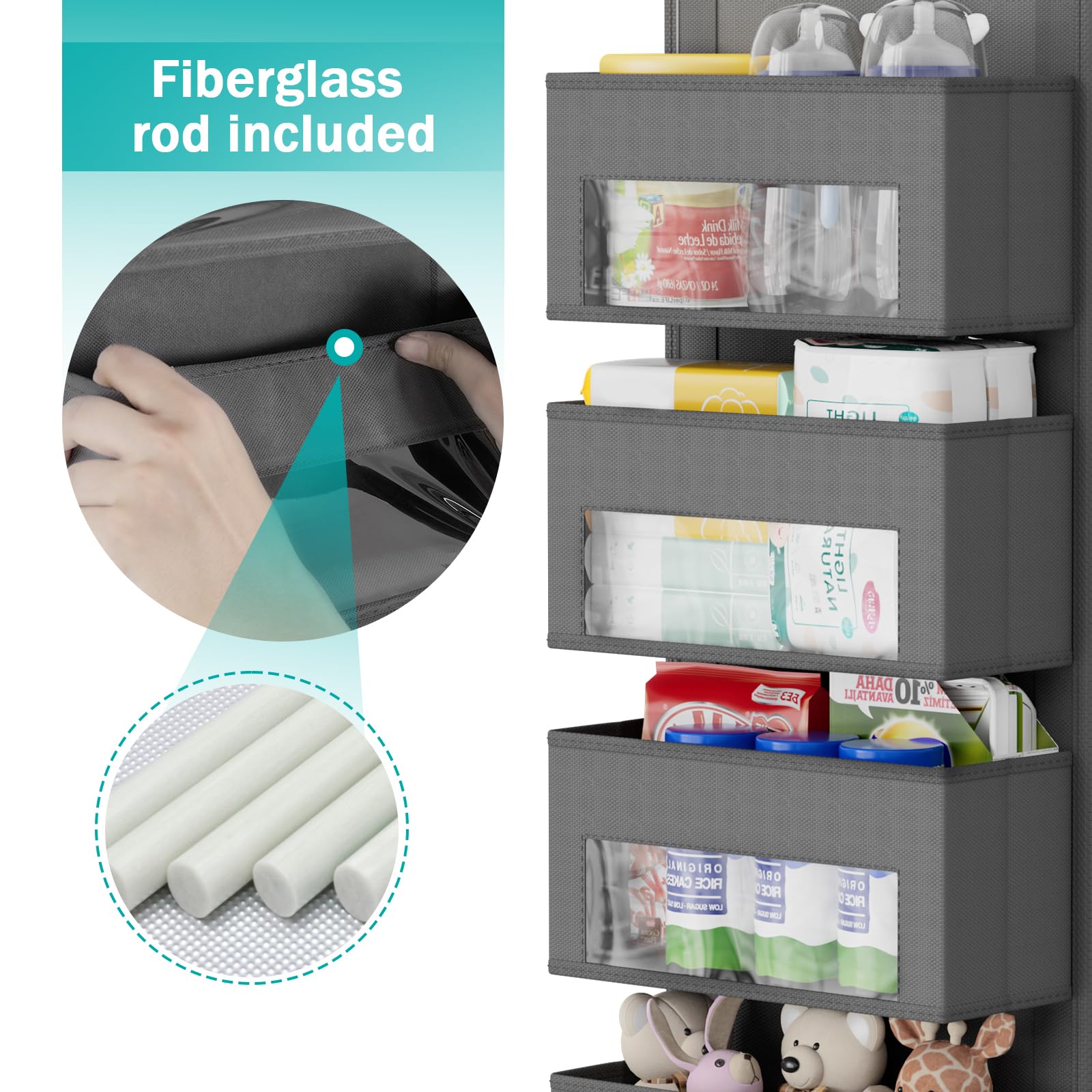 Over The Door Organizer with 4 Shelves - Space Saving Hanging Storage for Nursery, Closet & Bathroom - Grey (Perfect for Baby Supplies, Toys & Bathroom Essentials)