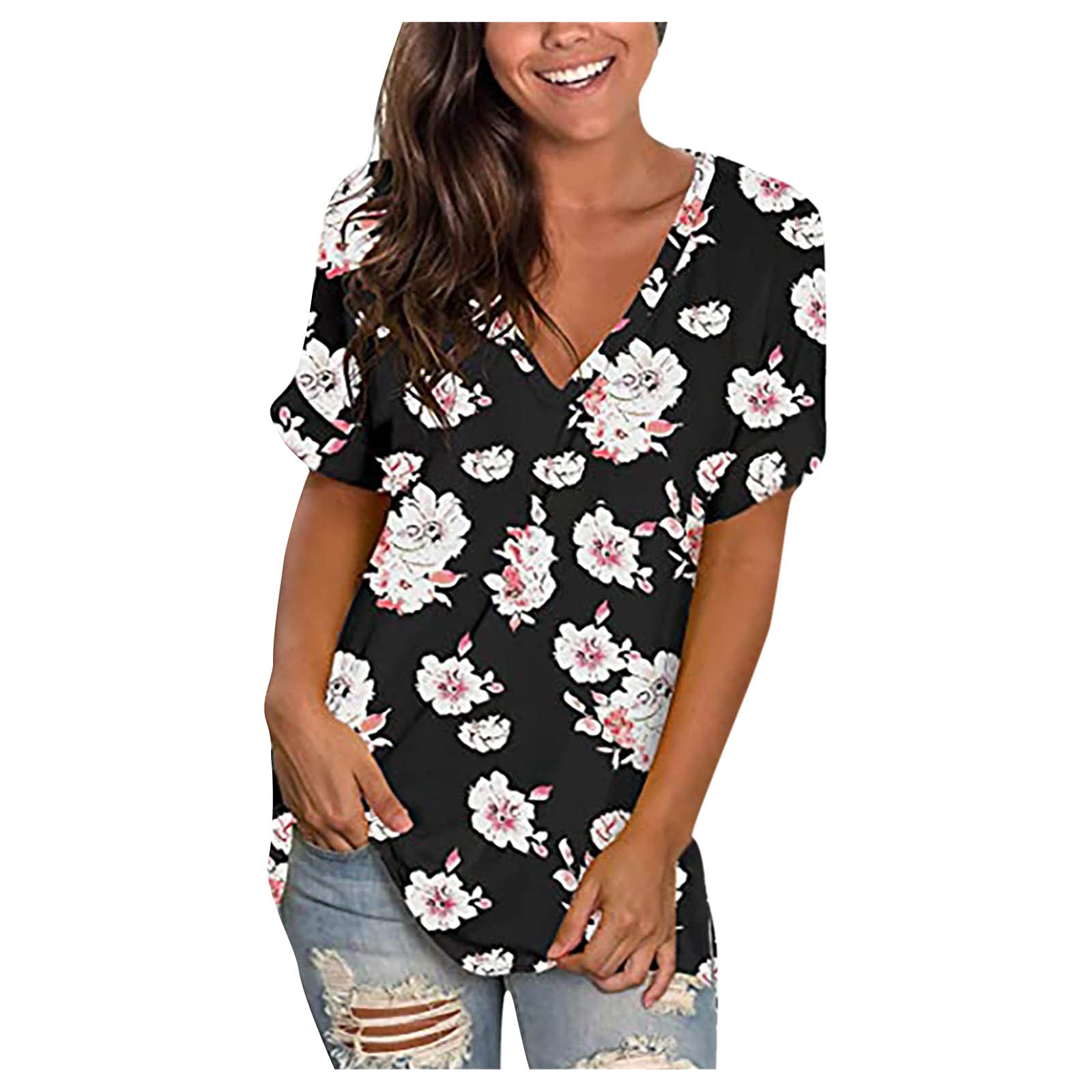 Women's Floral Print V-Neck Tunic Tank Top - Casual Summer Blouse for Beach, Travel & Everyday Wear