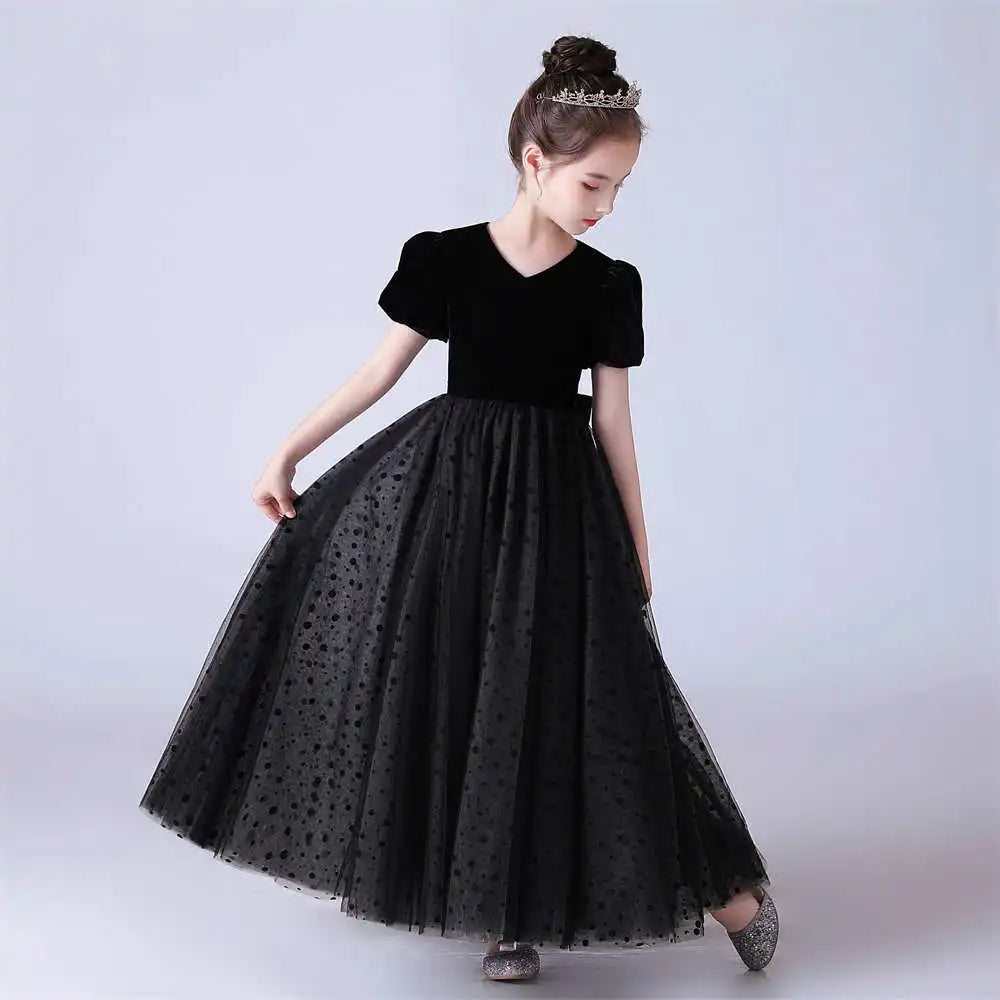 Polka Dot Tulle Puff Sleeve Black Girls Party Dress - Elegant & Playful Outfit for Birthday, Wedding & Special Occasions