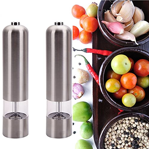 OUVITA 2-Piece Electric Salt and Pepper Grinder Set - Automatic Rechargeable Battery-Operated Stainless Steel Spice Mills with LED Light - One-Handed Push Button Peppercorn & Sea Salt Grinders - Perfect for Kitchen, Dining Table, Camping & Gifts