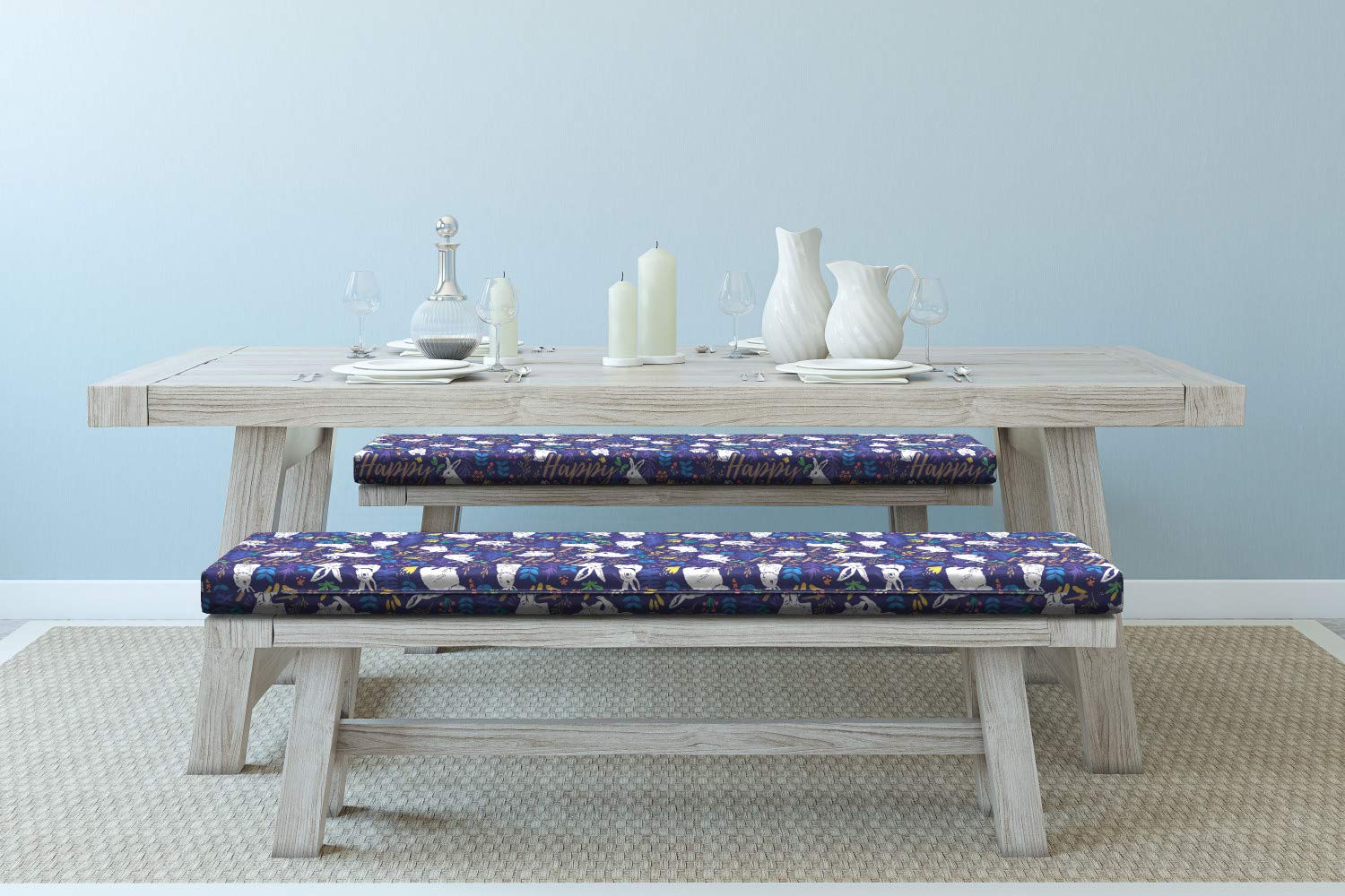 Ambesonne Easter Bench Cushion Set of 2 - Rabbit Design with Botanical Patterns & Easter Greetings, 45x15x2 Inch Standard Size Foam Seat Pads with Decorative Covers - Perfect for Spring Decor, Outdoor Patio Furniture & Holiday Home Styling