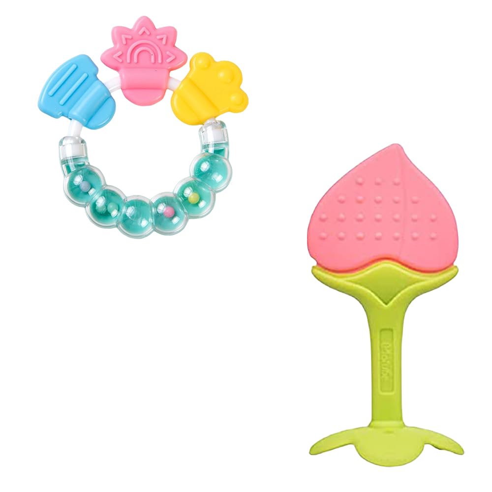 Kritiu Baby Rattle Teether & Teething Toy Set | BPA-Free Silicone Teether for Infants 0-12 Months | Safe Soothing Relief for Sore Gums | Green & Peach Colors | Perfect for Playtime, Travel & Early Sensory Development