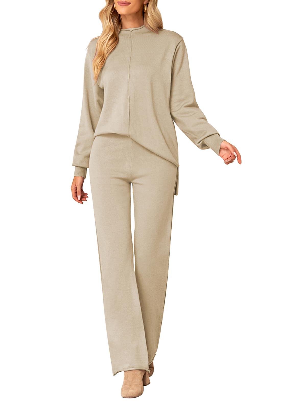 Linsery Women's 2-Piece Knit Sweater and Wide Leg Pants Lounge Set - High Neck Pullover & Comfortable Sweatpants Outfit for Casual Wear, Home, and Relaxation
