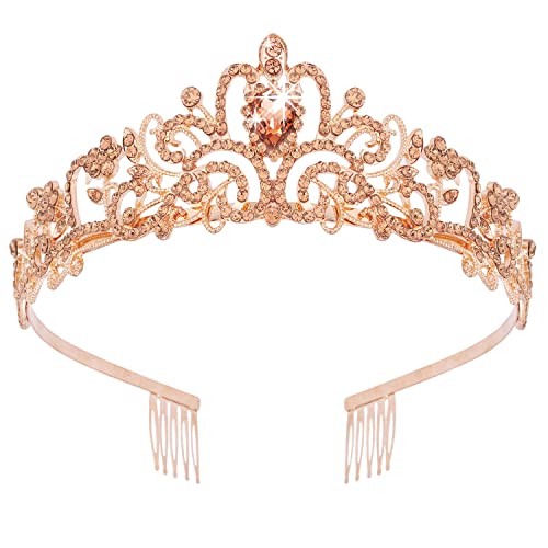 Elegant Rose Gold & Orange Crystal Tiara Crown for Women & Girls - Bridal Wedding, Prom, Birthday Party Headpiece | Perfect for Princess-Themed Events, Pageants & Special Occasions