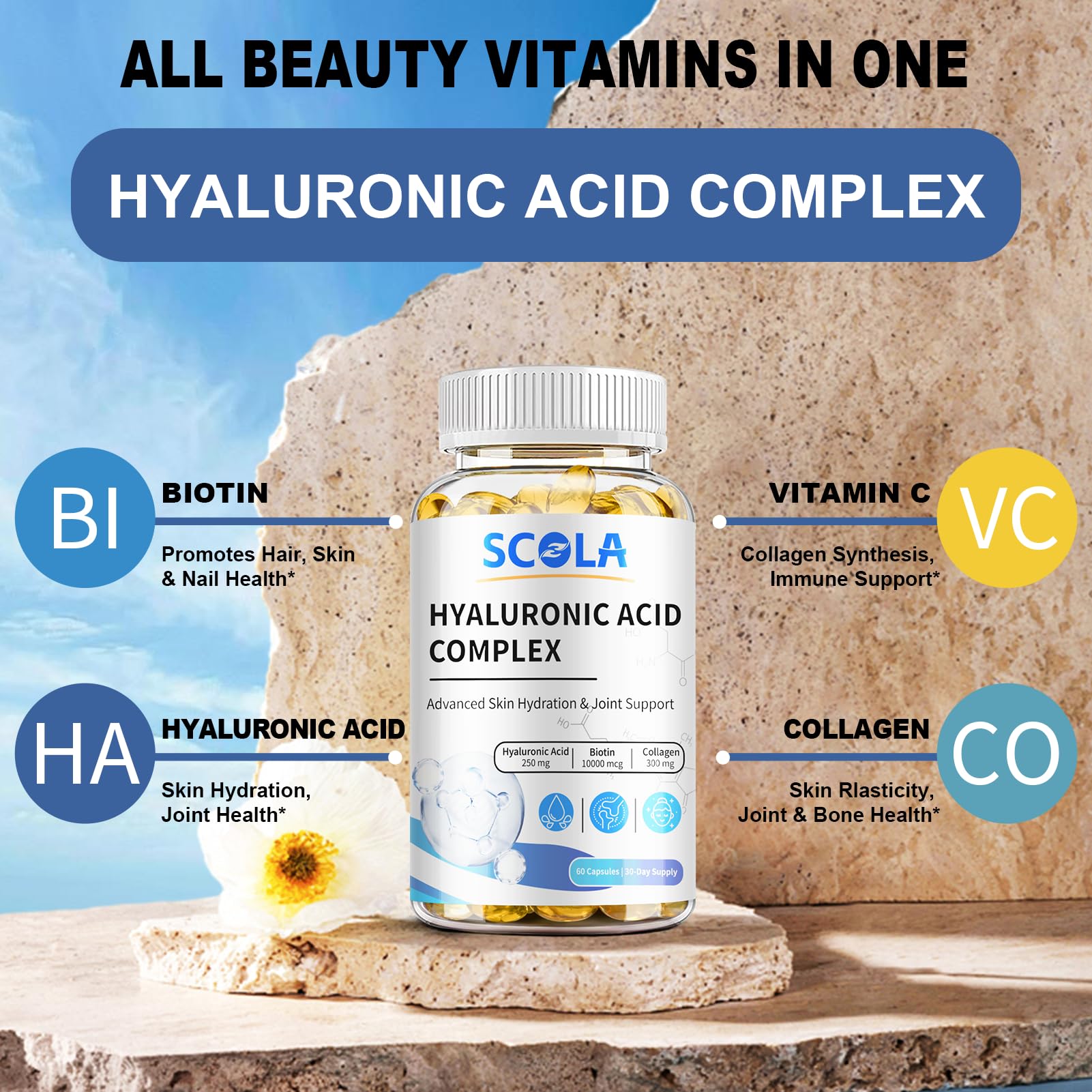 Premium Hyaluronic Acid Supplements 250mg with Vitamin C, Collagen & 10000mcg Biotin - Advanced Skin Hydration, Joint Support & Anti-Aging Formula - 60 Vegan Capsules for Glowing Skin & Healthy Joints - Perfect for Daily Beauty Routine & Active Lifestyle