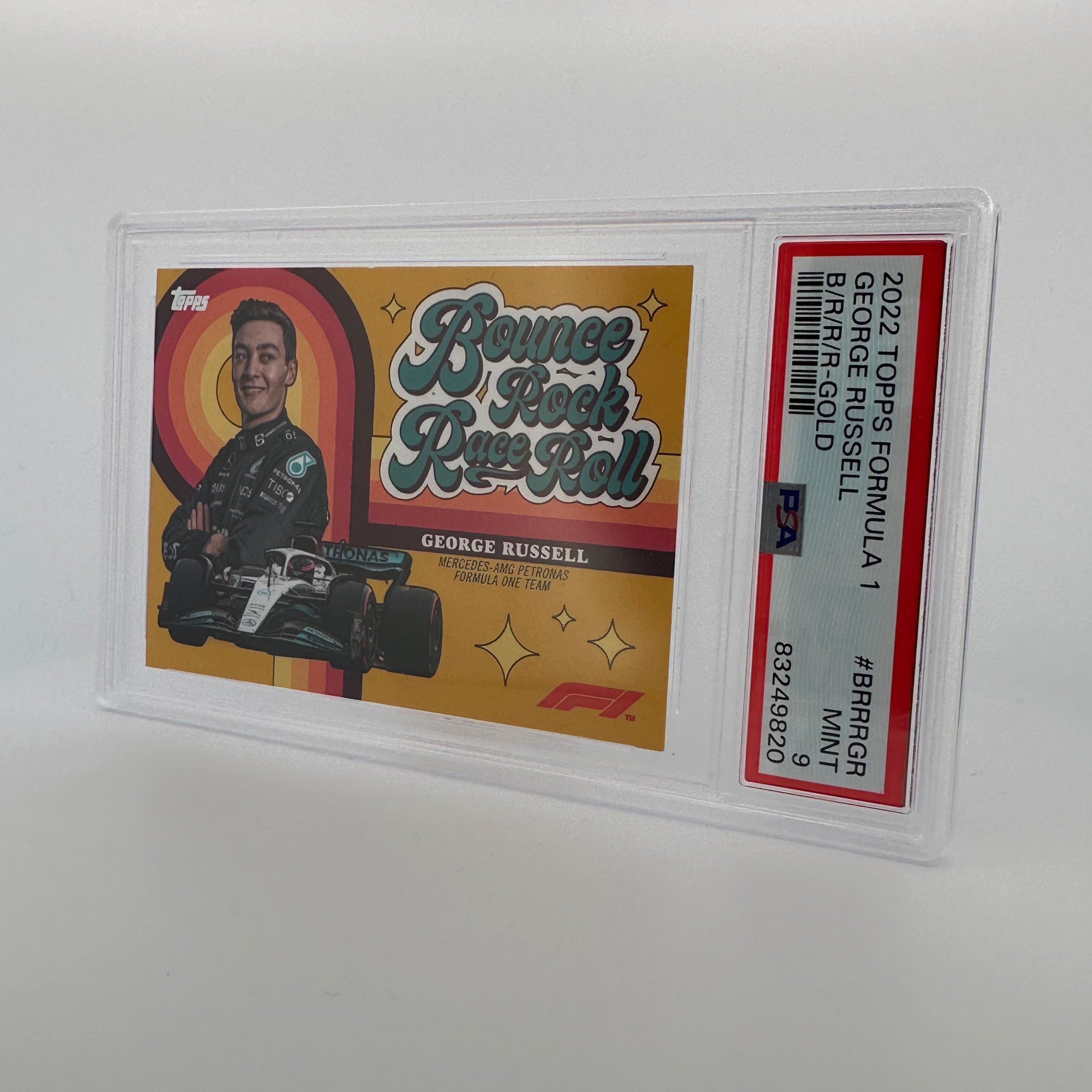 PSA 9 Graded 17/50 George Russell #BBBRGR Bounce Rock Race Roll Gold Parallel - Perfect for Racing Fans, Collectors, and Sports Memorabilia Enthusiasts