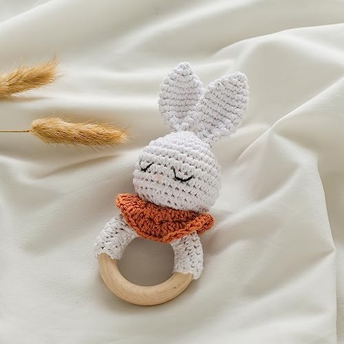Wooden Baby Rattle & Teething Toy - Natural Brown Bunny Ring Rattle for Newborns & Infants | Handmade Crochet Soothing Toy for Toddlers | Perfect for Nursery, Baby Shower Gifts & Early Childhood Development
