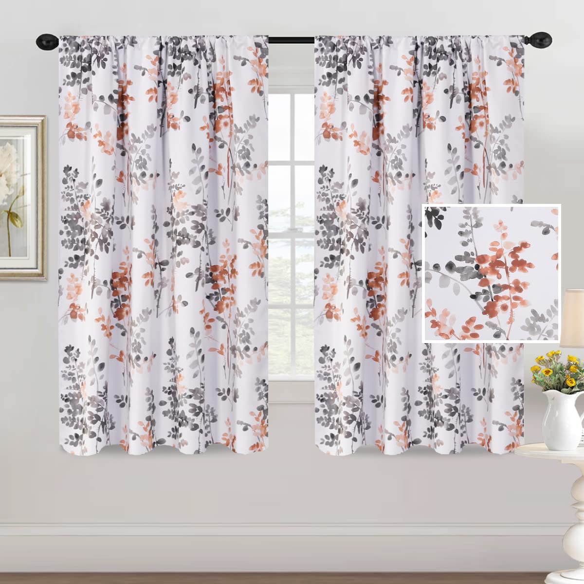 H.VERSAILTEX Floral Curtains 63 Inches Long - Blackout Curtains with Printed Pattern for Bedroom, Rod Pocket Window Treatment, 2 Panels, Classical Floral Grey and Coral - Perfect for Home Decor, Living Room & Nursery
