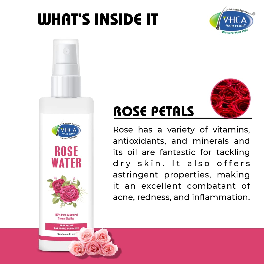 VHCA Pure Distilled Rose Water Facial Spray - Hydrating & Refreshing Toner for Oily, Dry & Normal Skin | Alcohol-Free Skin Care for Men & Women | 3-Pack (100ml Each) | Perfect for Daily Skincare, Makeup Setting & Summer Cooling
