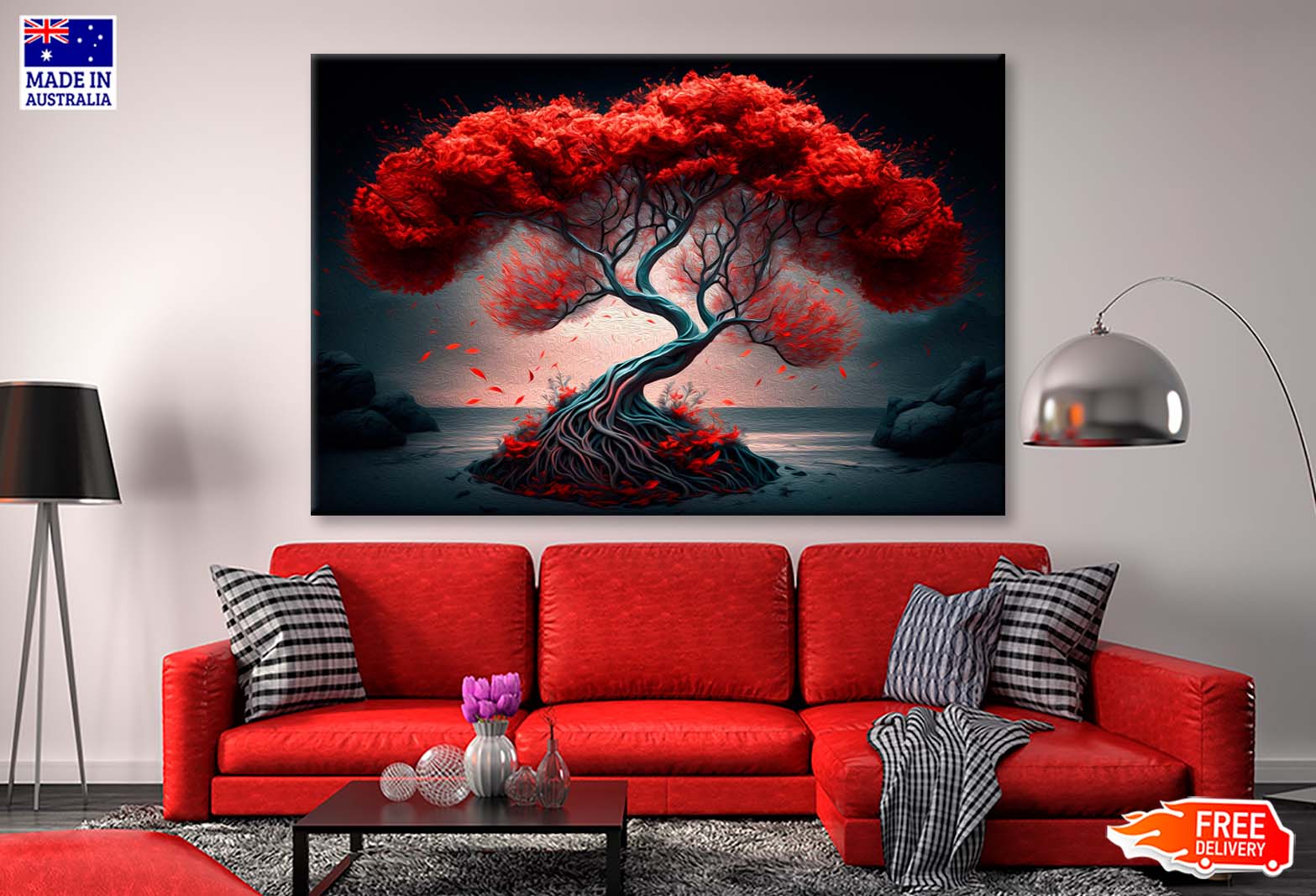 3D Red Single Tree Scenery Art Print - Limited Edition High Quality Wall Decor for Living Room, Bedroom & Office