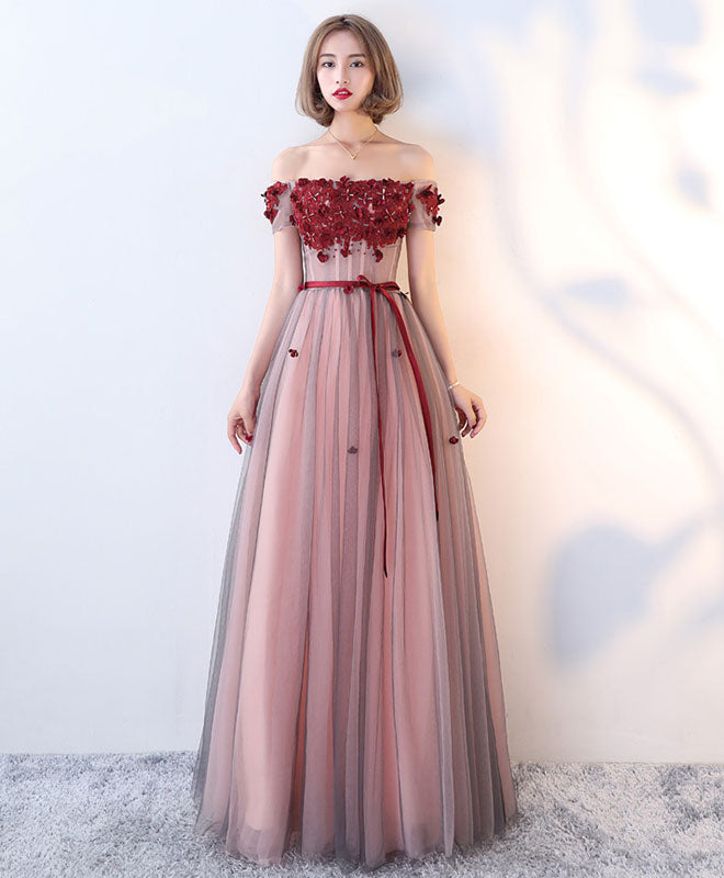 Elegant Burgundy Tulle Lace Long Prom Dress - Formal Evening Gown for Homecoming, Wedding & Special Occasions