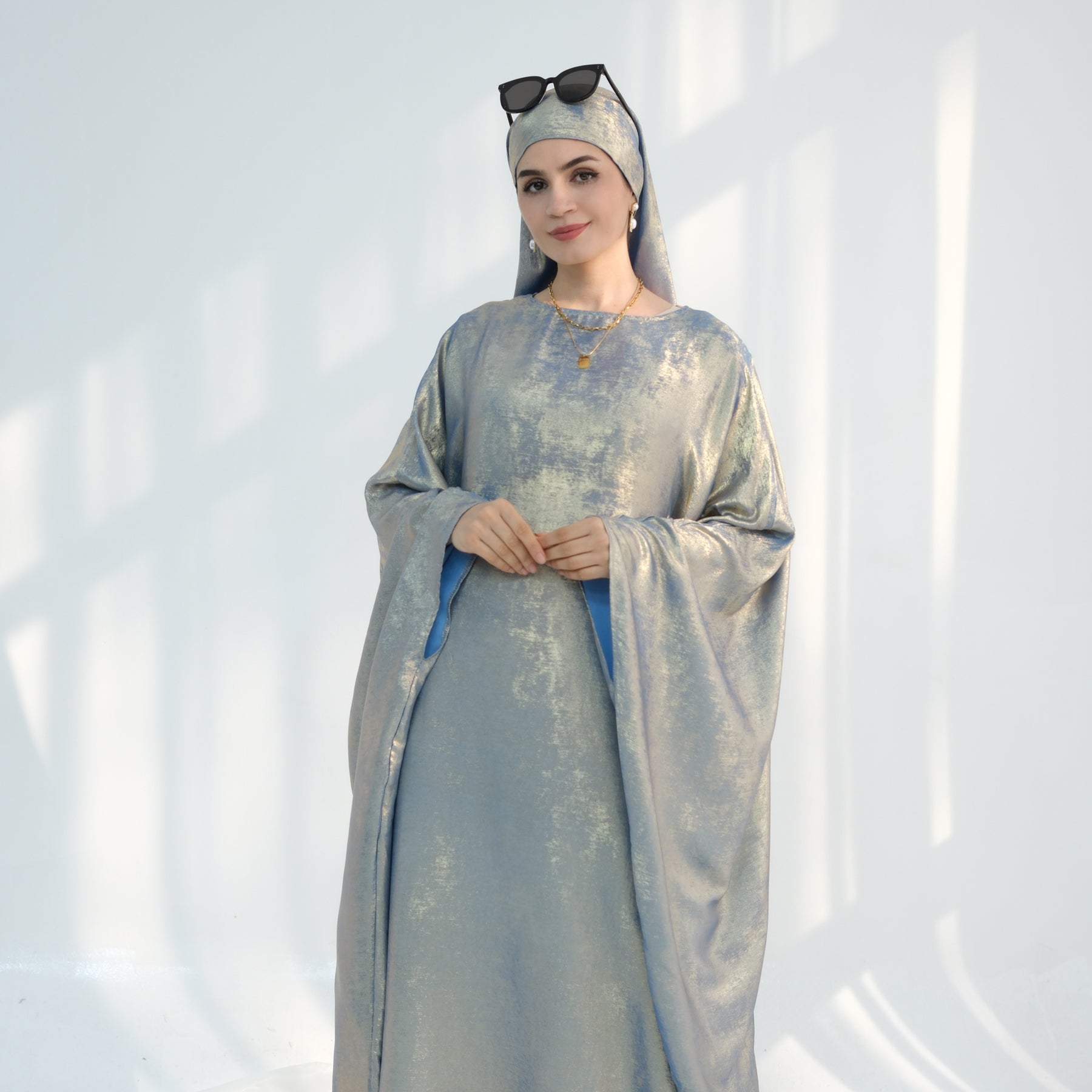 Linora Elegant Shimmer Butterfly Abaya Dress for Women - Sage Green Islamic Prayer Gown | Perfect for Eid, Ramadan, and Special Occasions