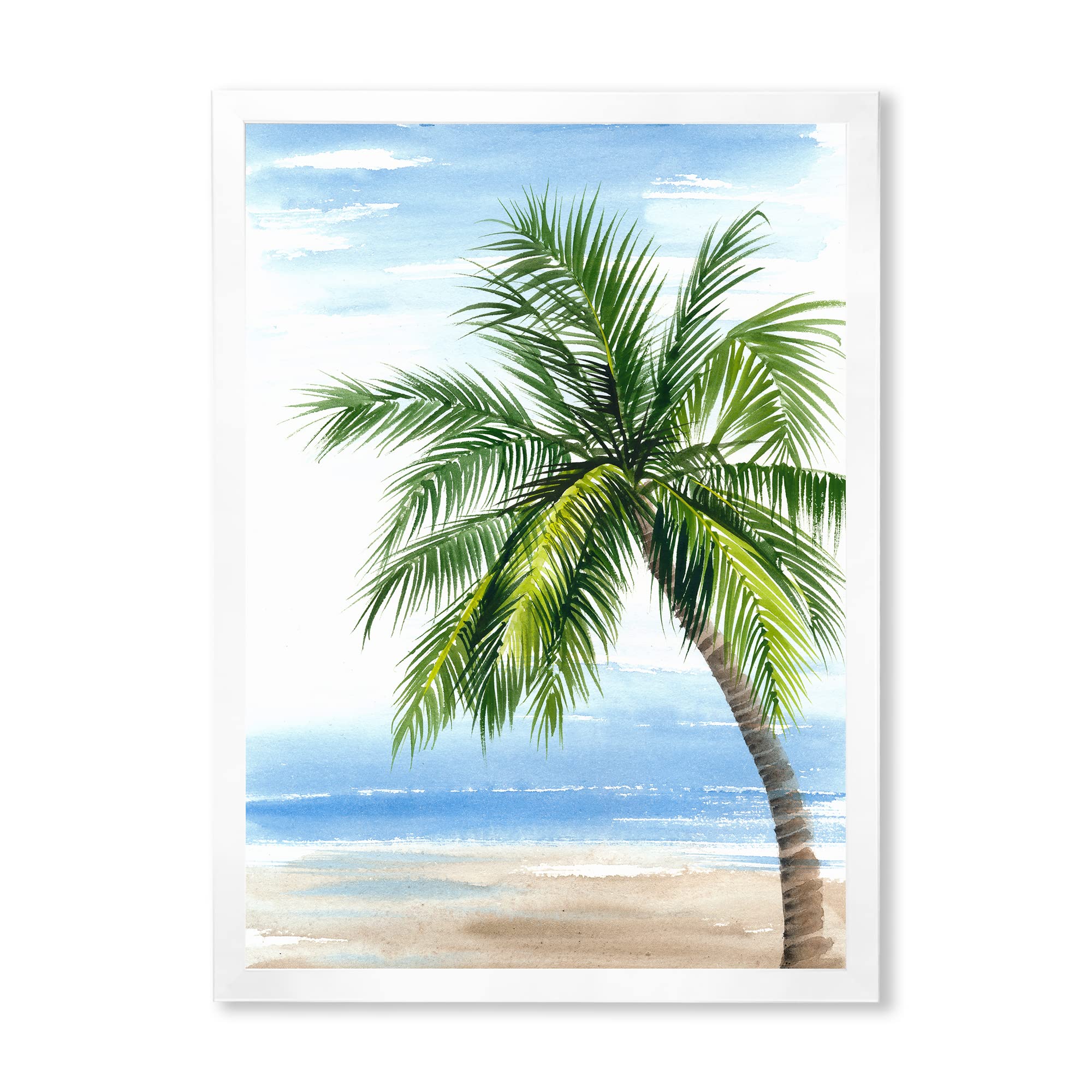 DesignQ Palm Tree At The Beach Resort Nautical & Coastal Framed Wall Art - Tropical Beach Decor for Living Room, Bedroom & Office - Perfect Coastal Theme Home Decoration