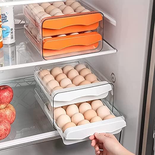 MUGATH 32-Grid Egg Storage Container - Double Drawer Refrigerator Egg Organizer, Space Saving Stackable Multi-Layer Egg Holder for Kitchen & Household - Perfect for Fresh Egg Storage & Organization in Fridge