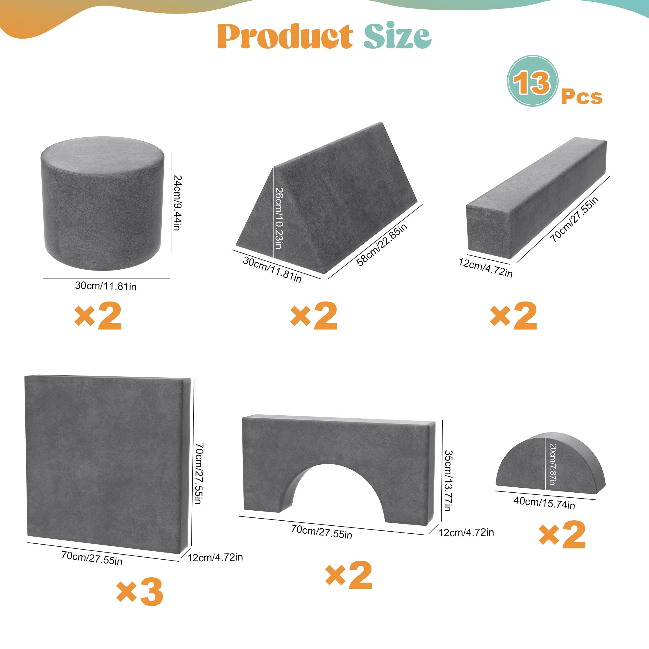13-Piece Modular Kids Play Couch Set - Large Convertible Foam Sofa for Boys & Girls | DIY Building Fort, Sectional Floor Cushion for Creative Play | Perfect for Playrooms, Bedrooms & Indoor Adventures (Grey)